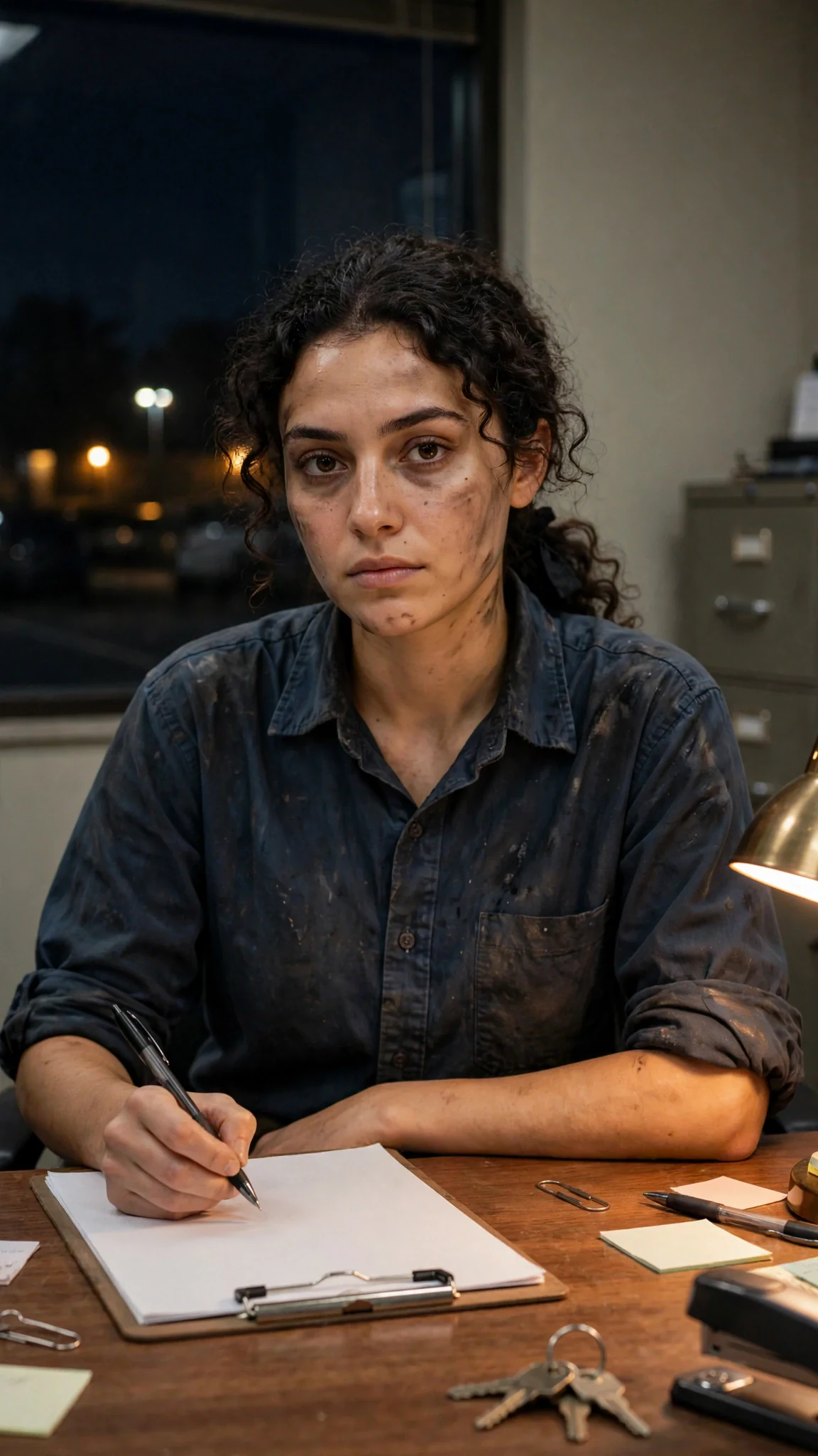 Alina alone at the booking office desk, pen in hand, the dark yard outside the window.
