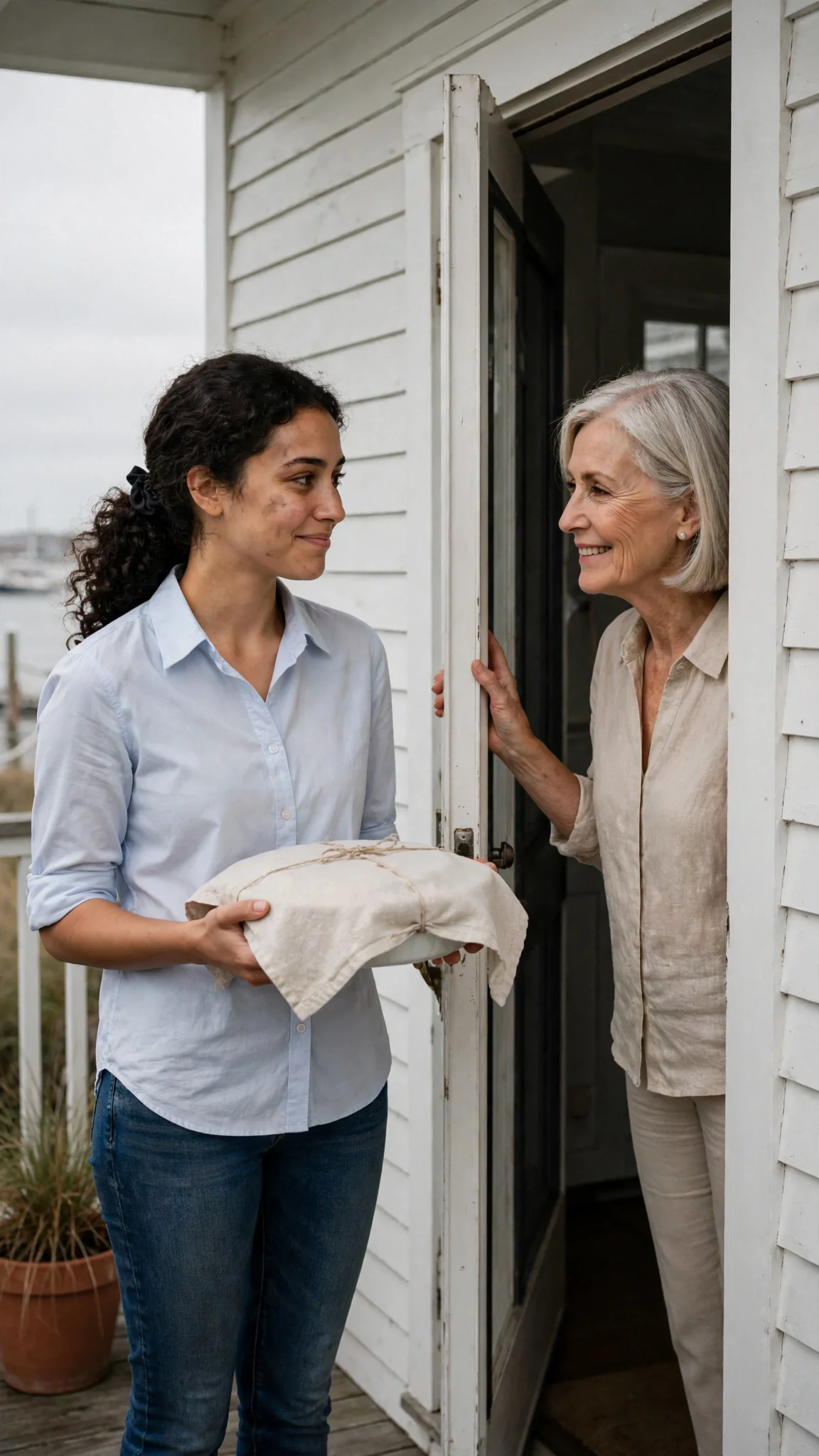 Alina stands on the Brenner porch holding a covered dish while Elaine opens the door.