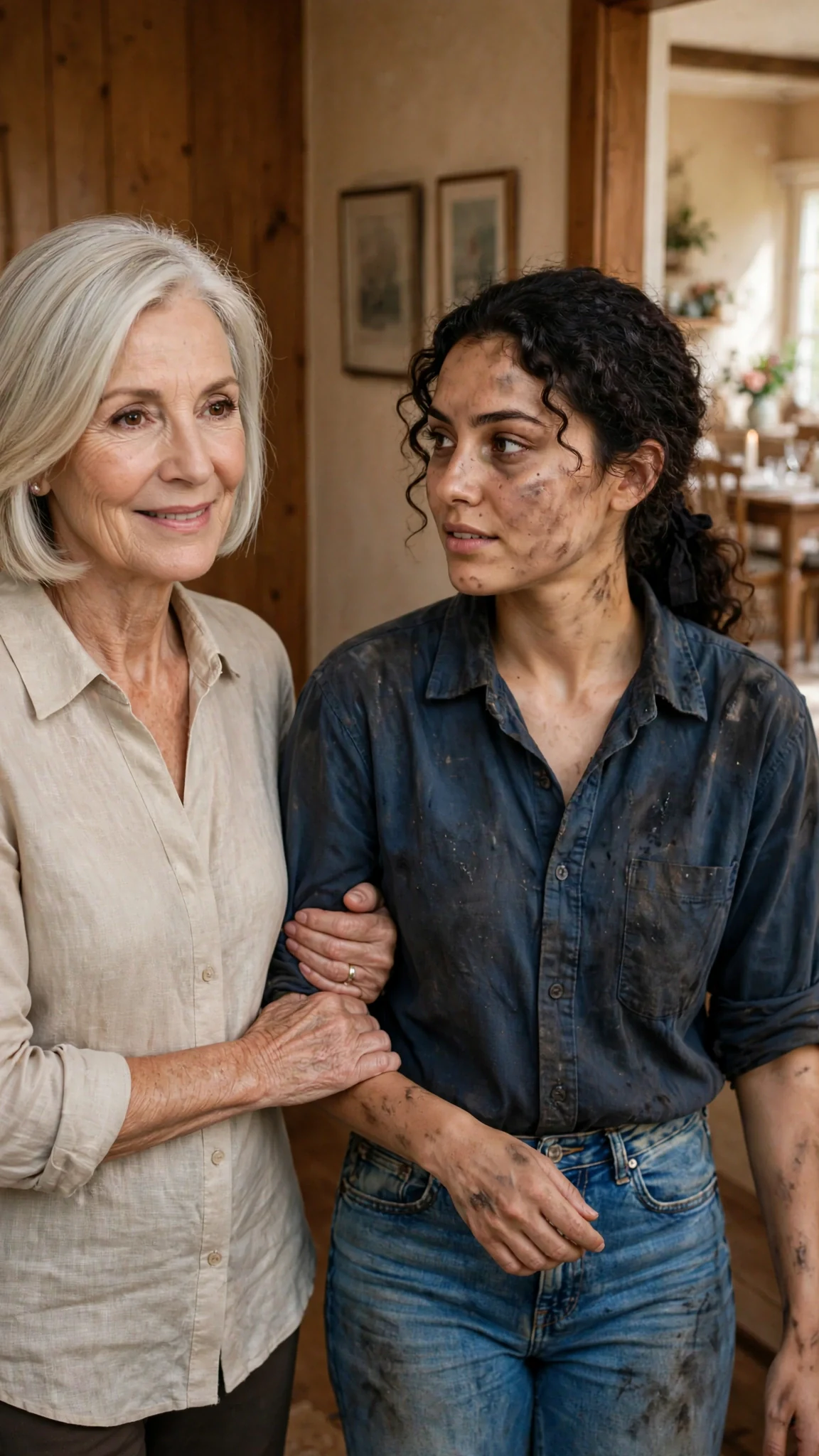 Elaine leads Alina by the arm into a warm hallway toward the set dining table.