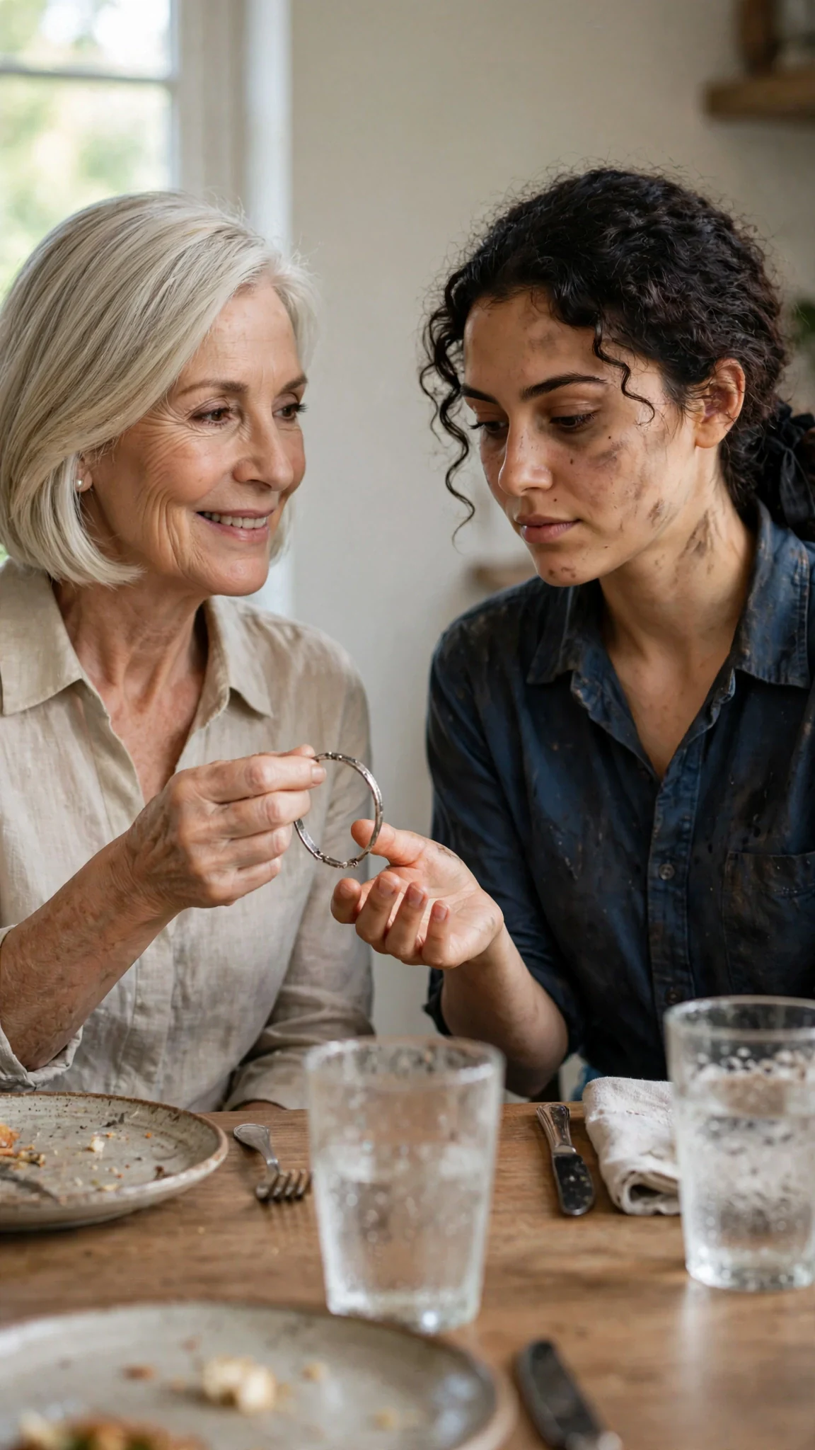 Elaine holds out a thin silver bracelet across the table to Alina.