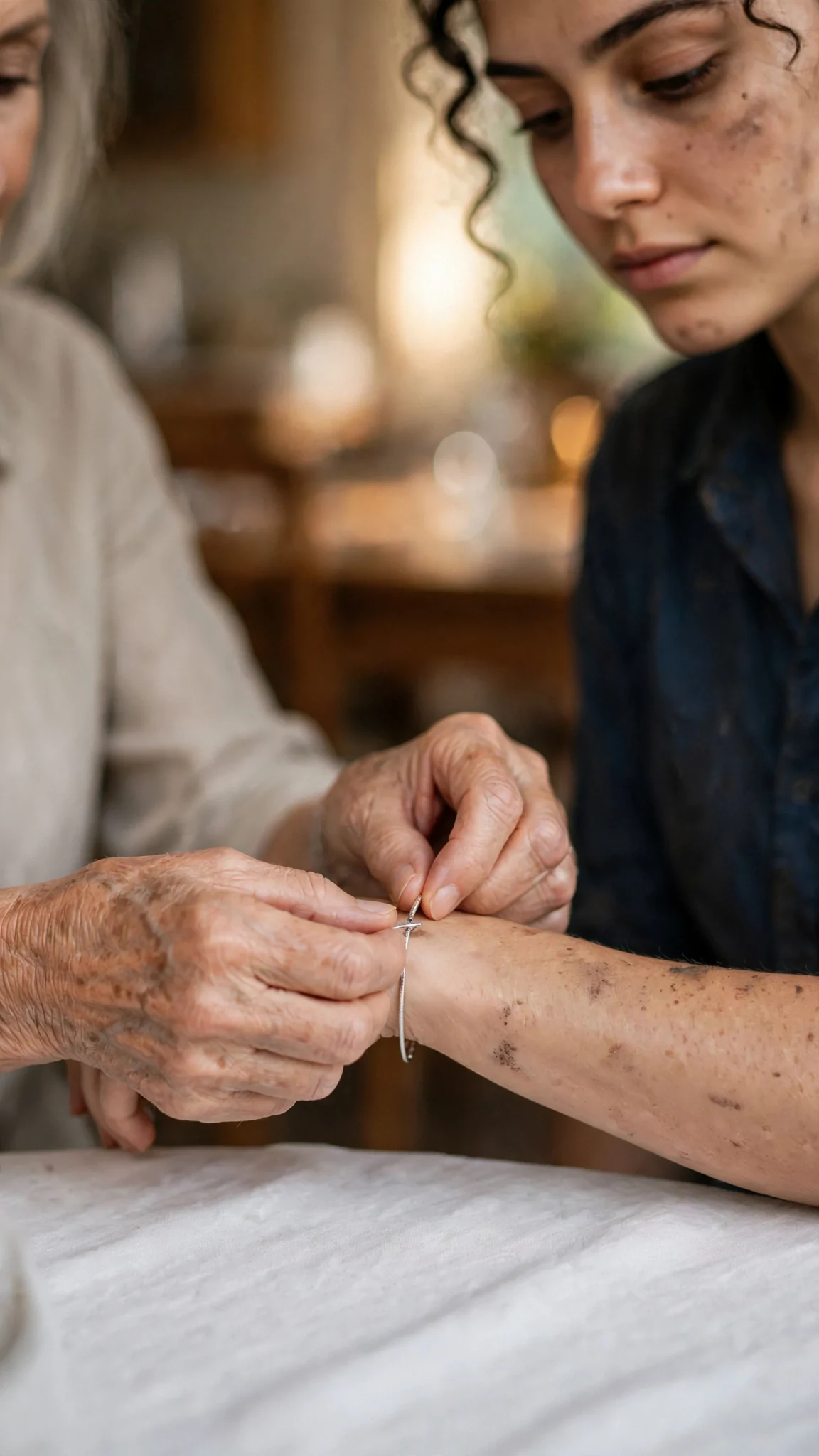 Elaine fastens the silver bracelet around Alina's wrist at the table.