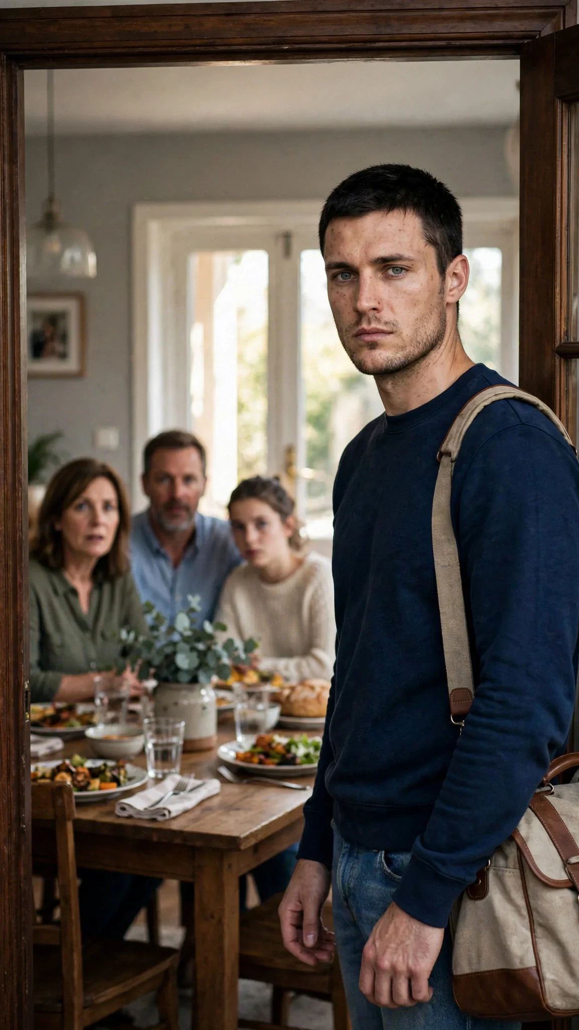 Callum stands in the dining room doorway with a duffel bag, cold and travel-worn.