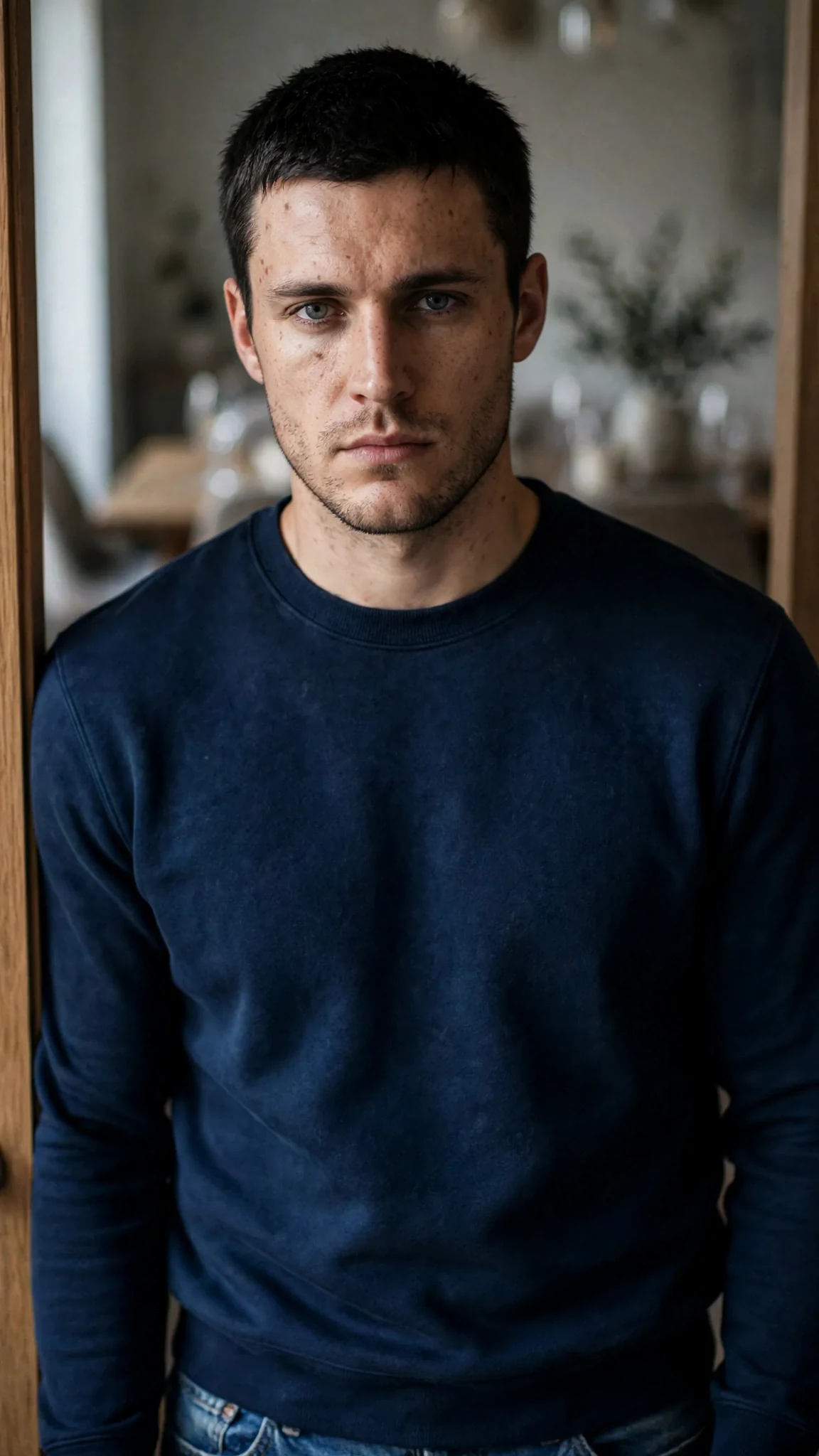Callum stares straight at Alina across the room, his face unreadable.