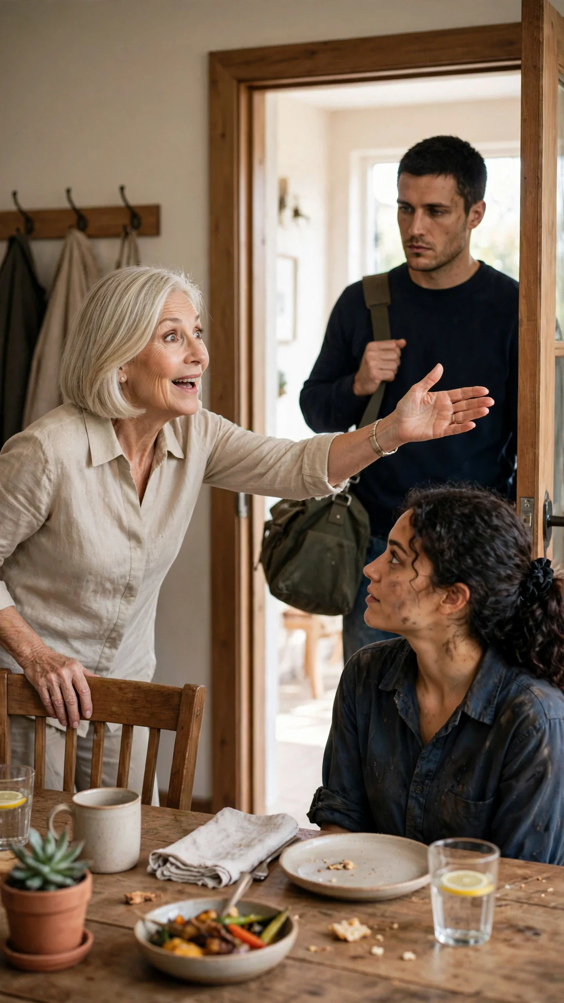 Elaine half rises from her chair, reaching toward Callum in the doorway.