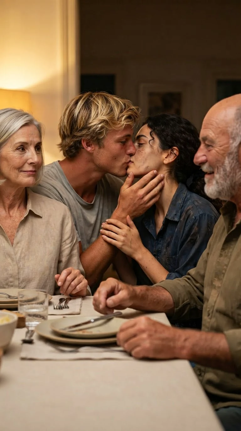 Drew pulls Alina's face up and kisses her hard at his mother's table.