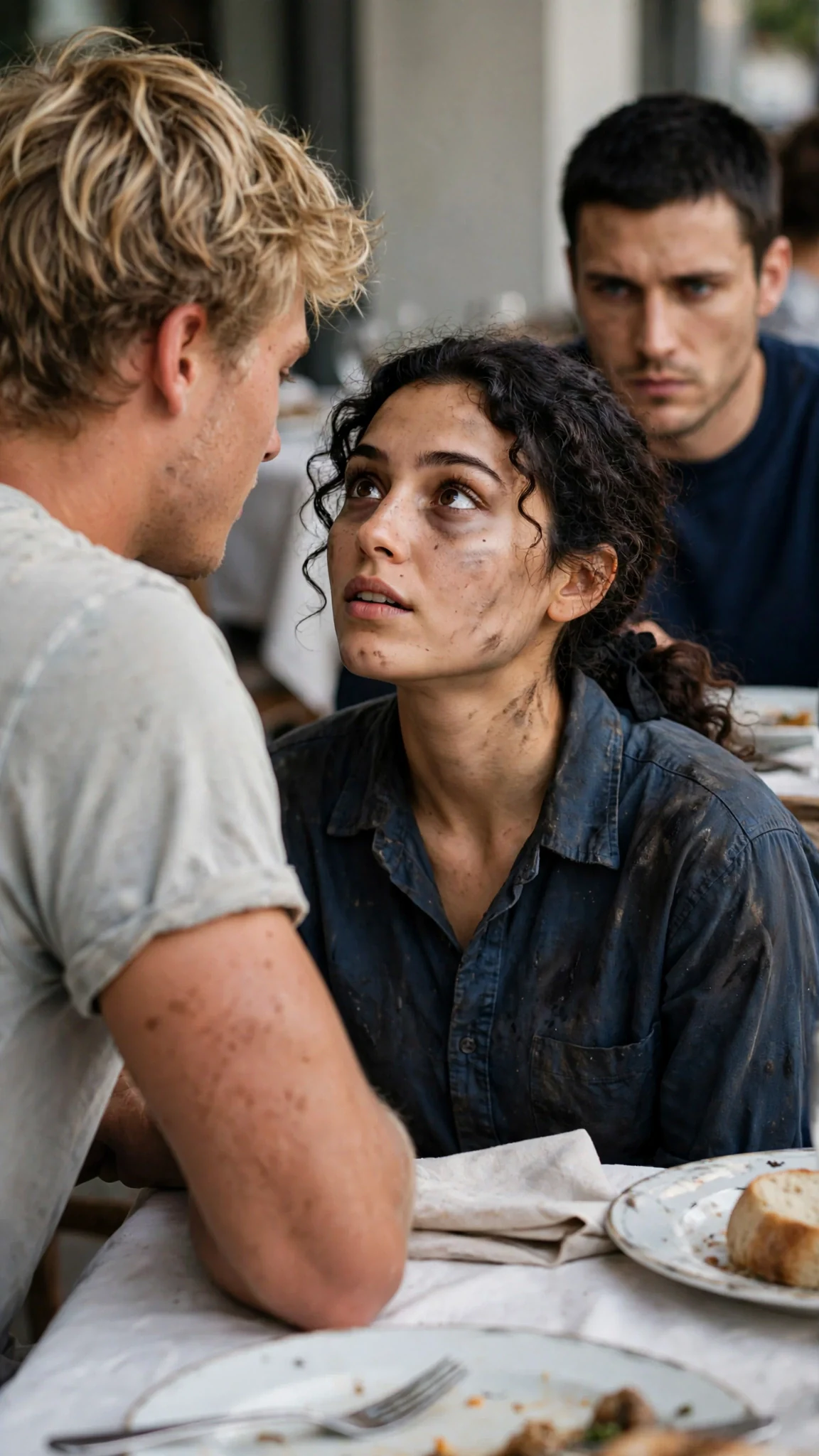 Over Drew's shoulder, Alina's eyes open and meet Callum's stare.