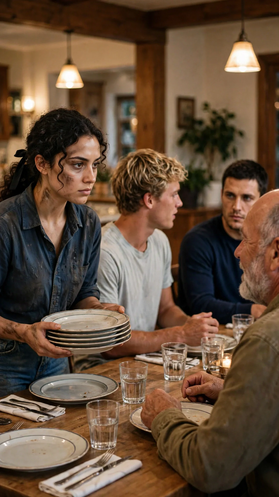 Alina stands and stacks the plates while Drew turns away talking to his father.