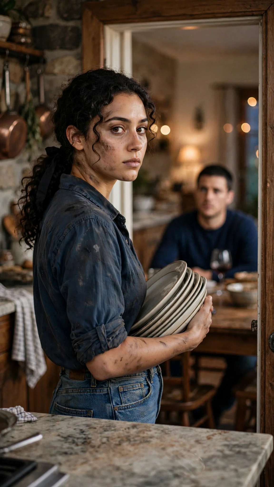 Alina pauses in the kitchen doorway with plates in her arms and looks back at Callum.