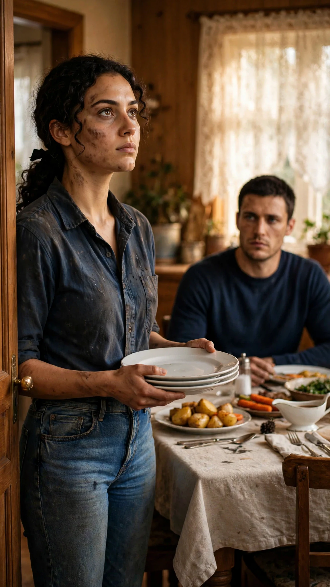 Alina carries stacked plates out of the dining room while Callum watches her from the table.