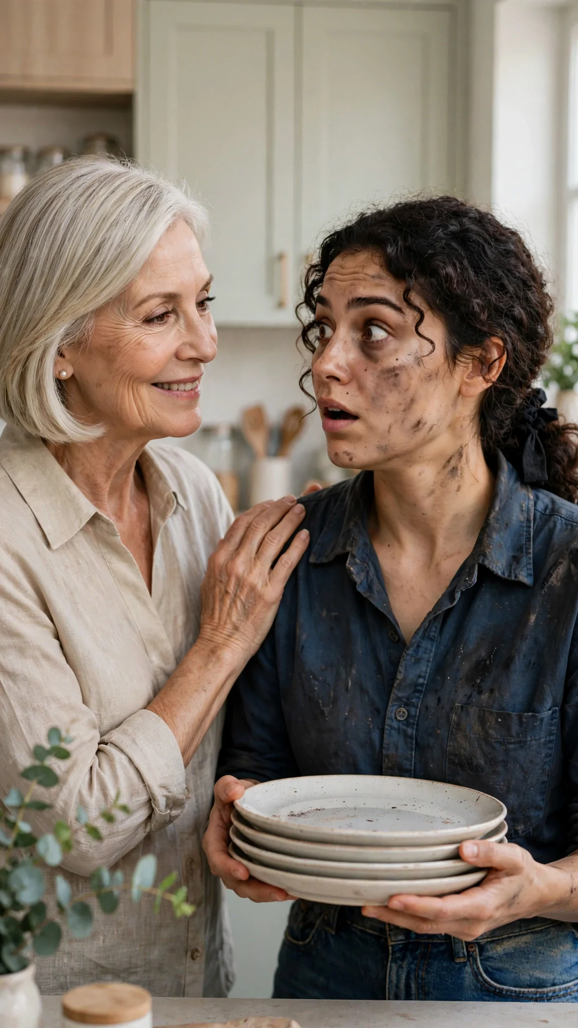Elaine stops Alina in the kitchen with a warm hand on her shoulder.