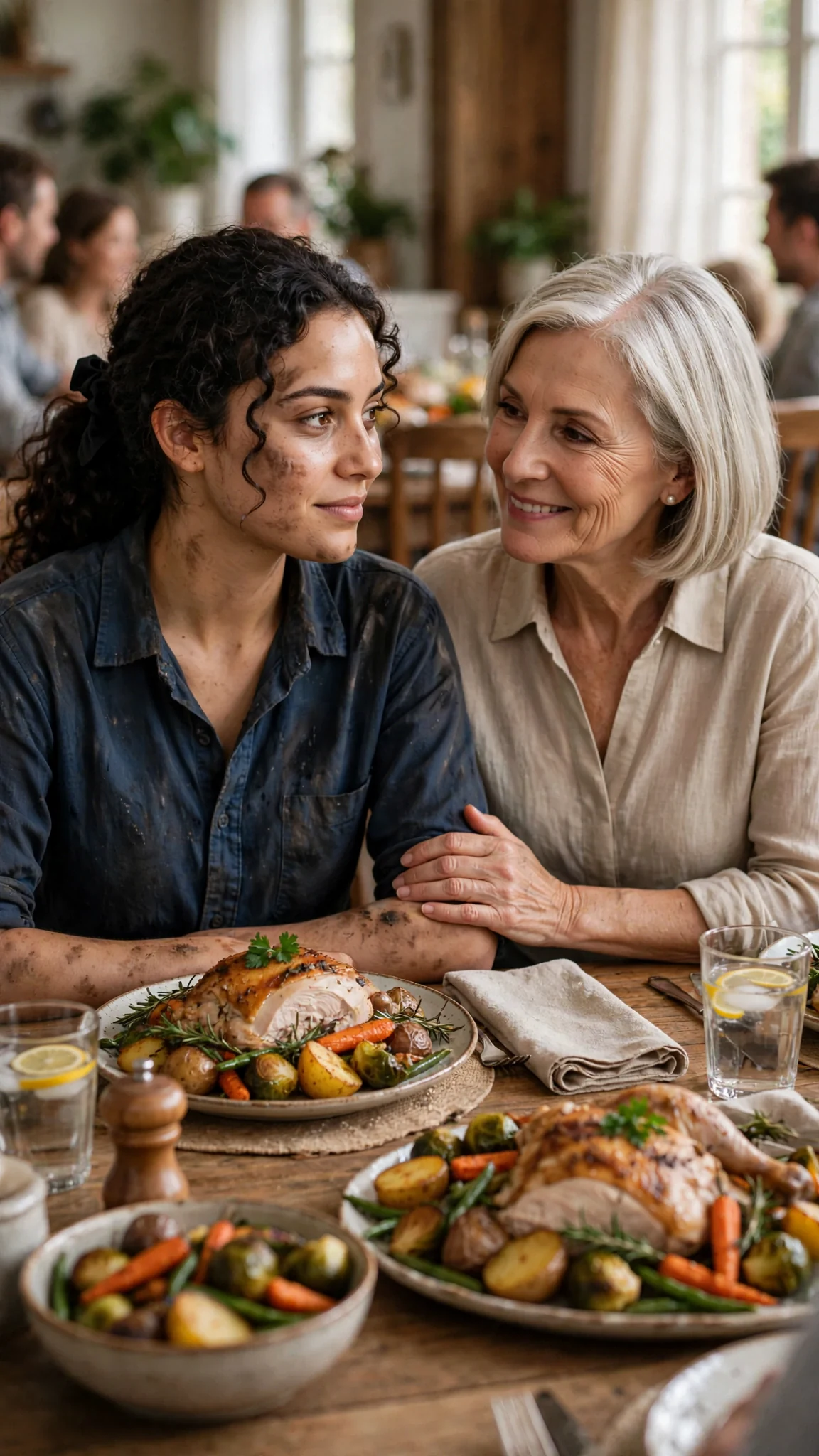 Alina sits at the family table with a full plate, Elaine settling in beside her.