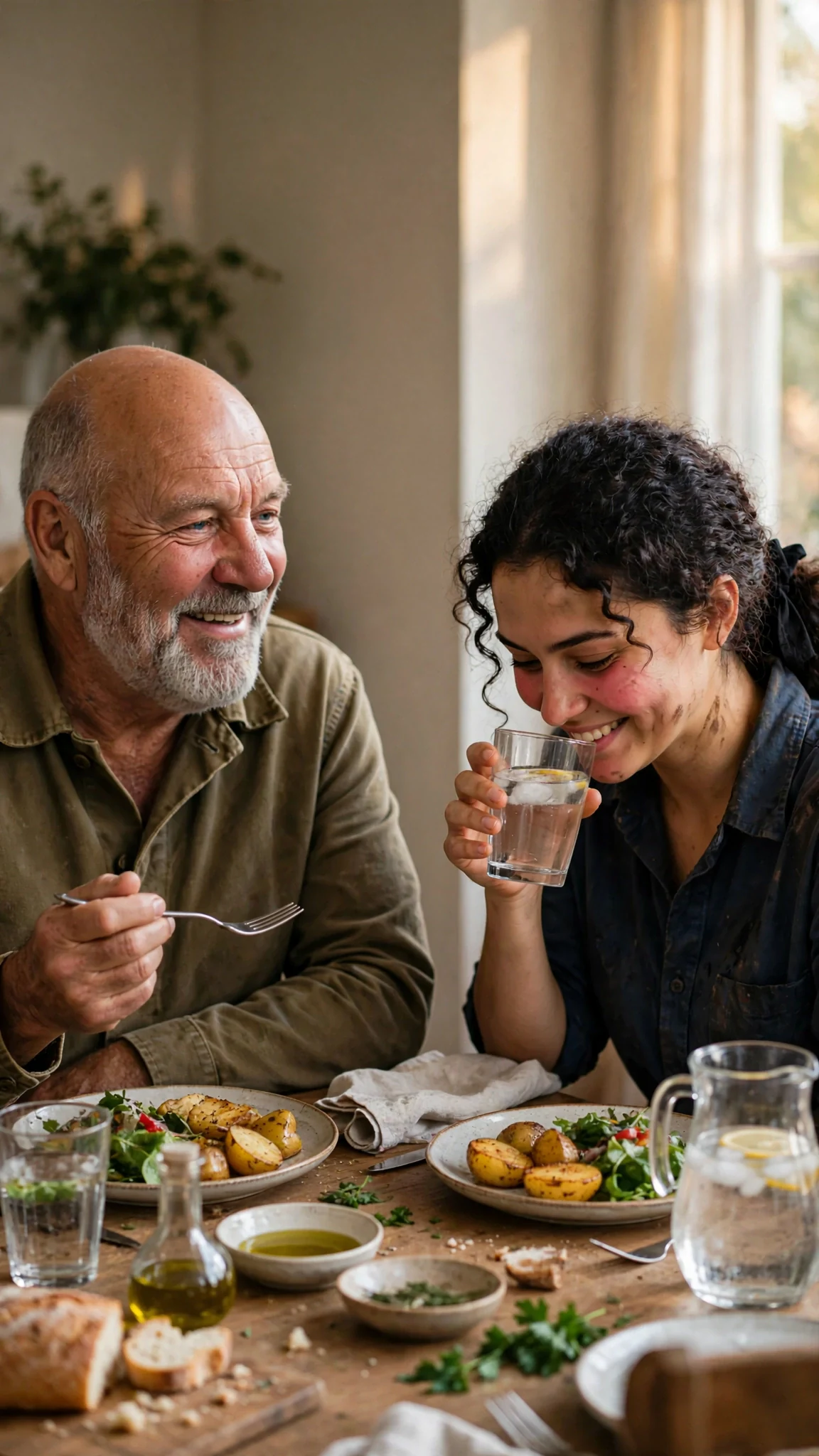 Gerald praises Alina from the head of the table while she smiles into her water glass.