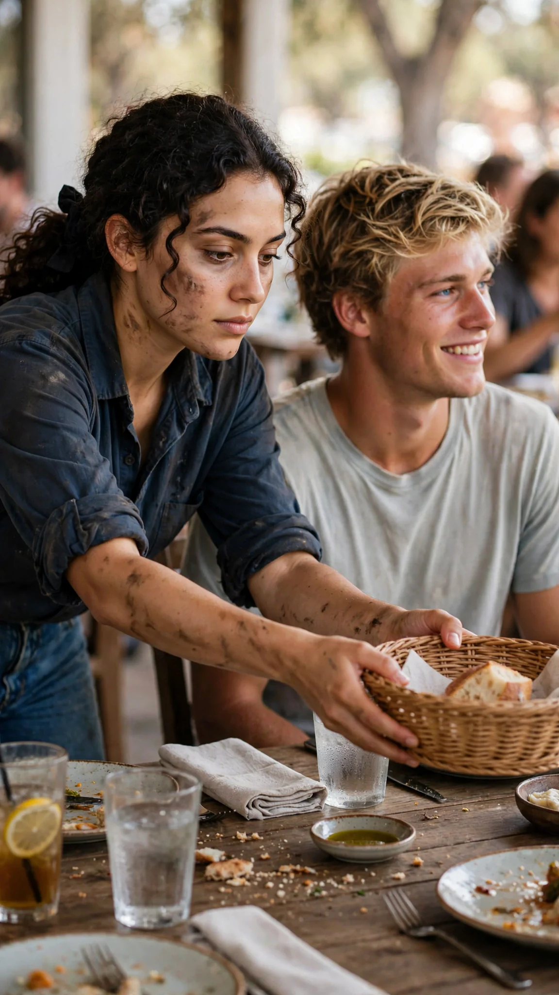 Alina stands to pass the bread basket around the table as Drew smiles proudly.