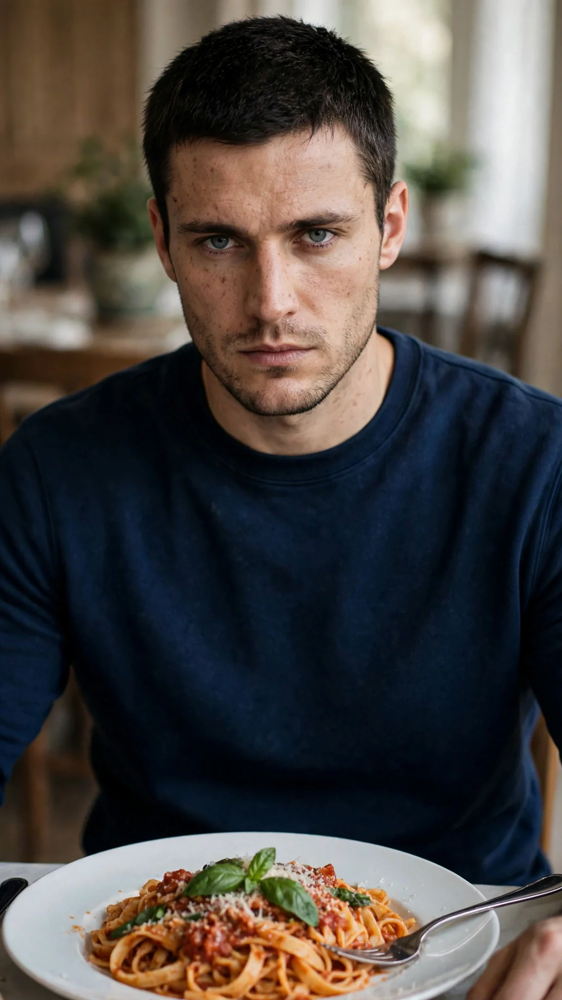 Callum sits with an untouched plate, his gray eyes fixed on Alina.