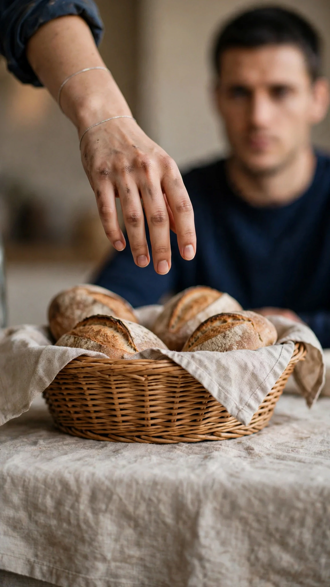 Close-up of Alina's hand stopped above the bread basket.