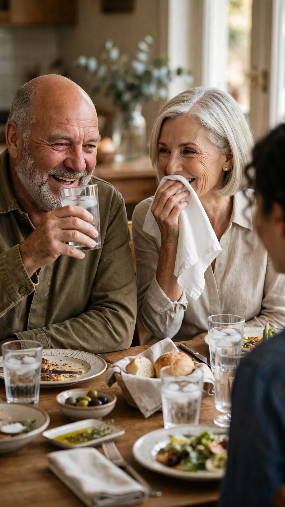 Gerald chuckles while Elaine gives a small soft laugh, neither looking at Alina.