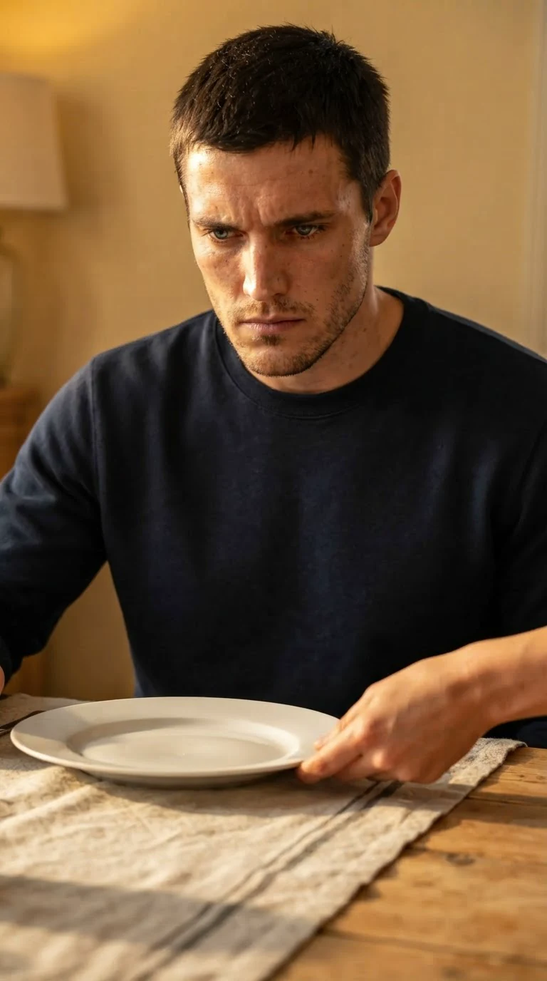 Callum watches Alina push her plate away, jaw moving once, saying nothing.