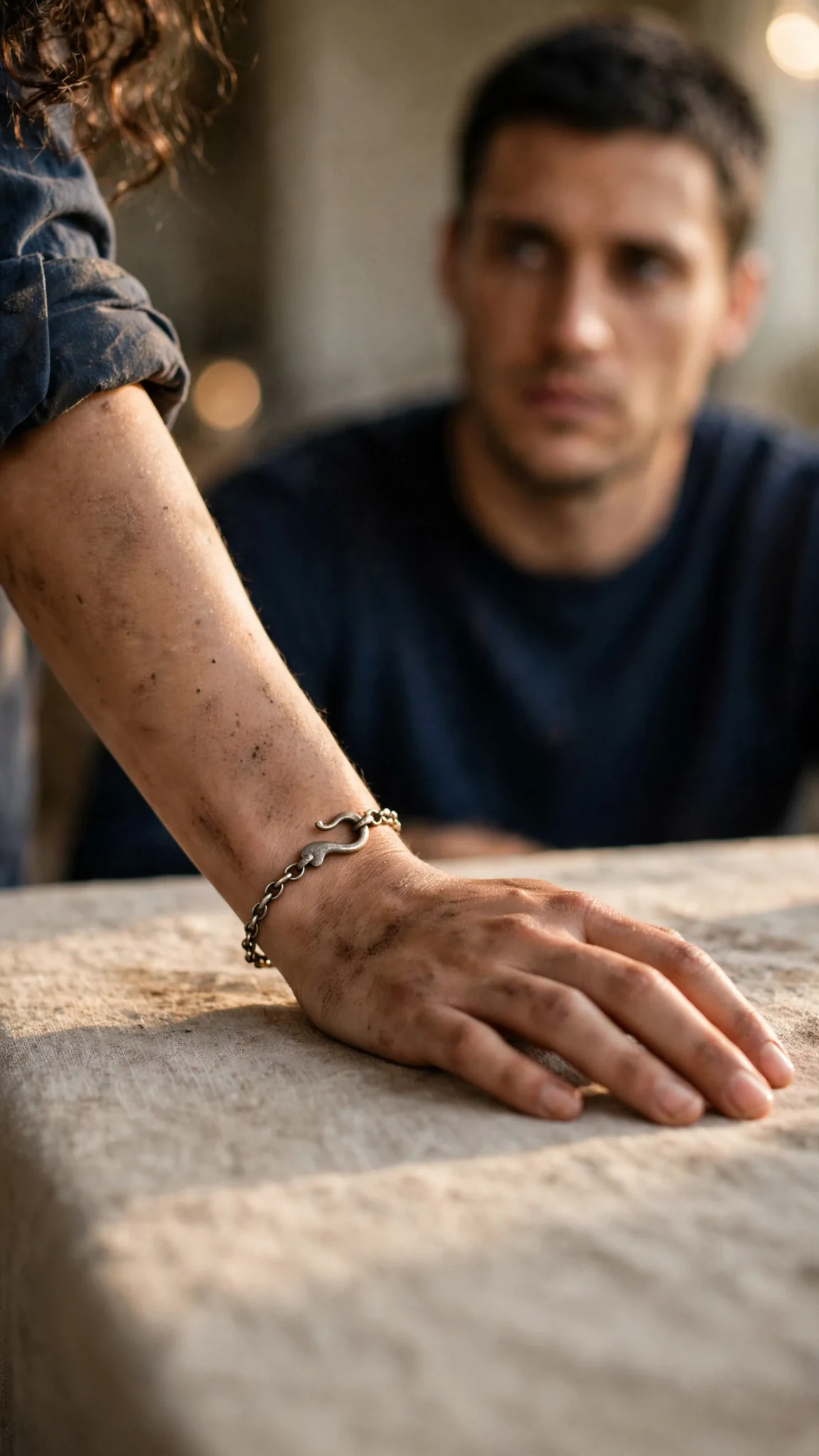 Close-up of the silver bracelet on Alina's wrist, with Callum blurred and watching behind her.