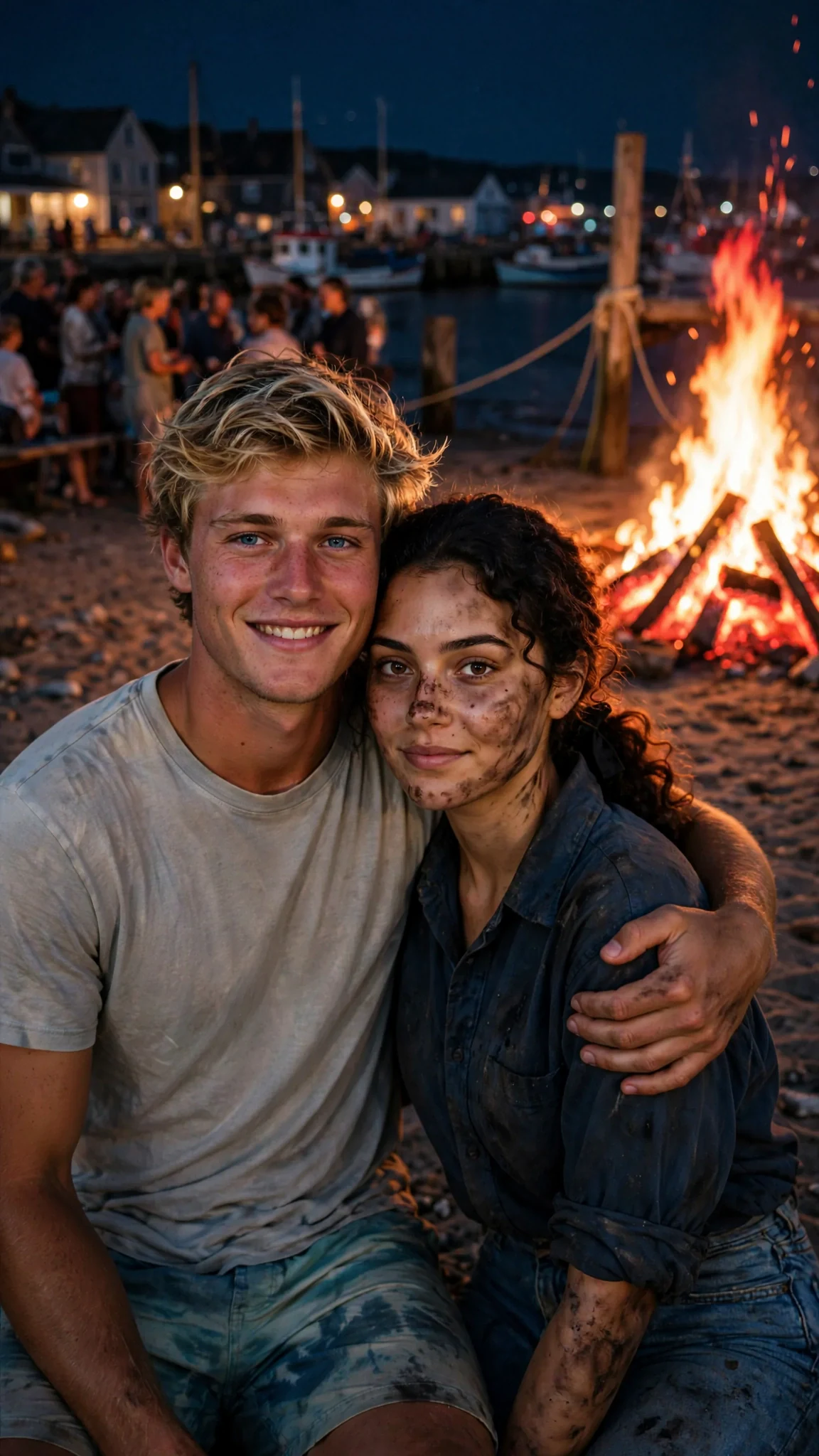 A bonfire on the beach at night with a young man's arm around a dark-haired woman.