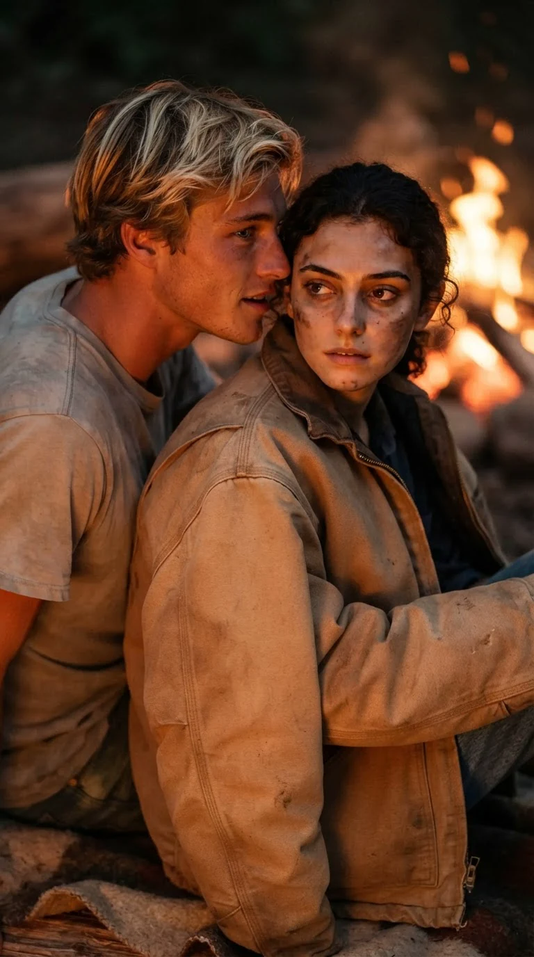 The blond man speaks close to the dark-haired woman's ear, his jacket over her shoulders.