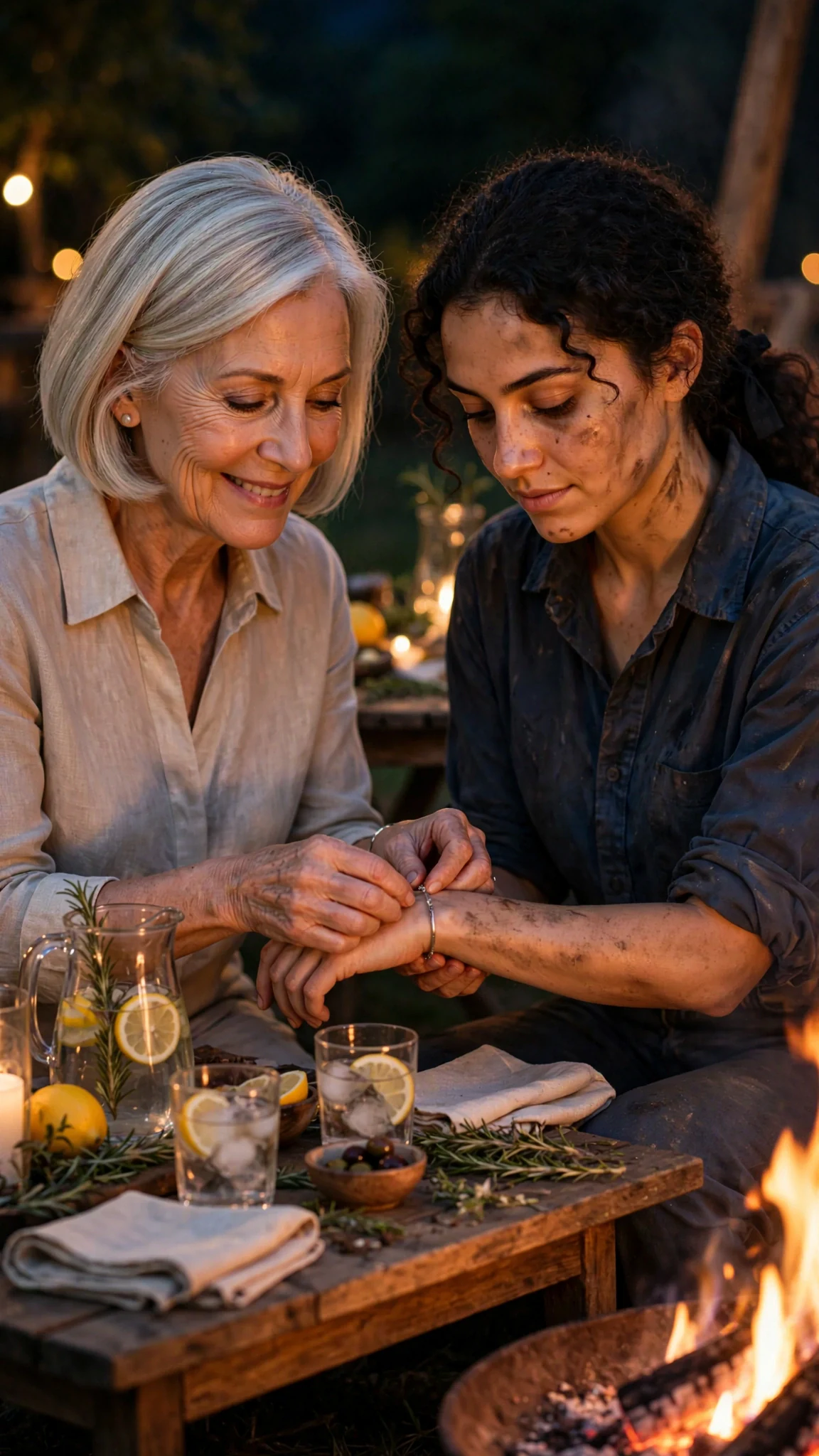 A silver-haired woman in a linen blouse adjusts a thin silver bracelet on the younger woman's wrist.