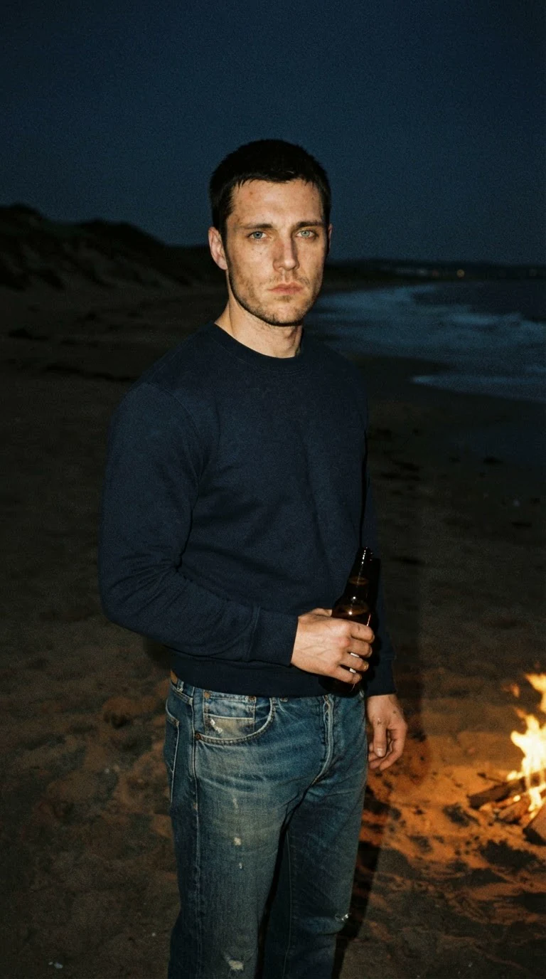 A tall dark-haired man in a navy sweatshirt stands apart from the fire, watching.