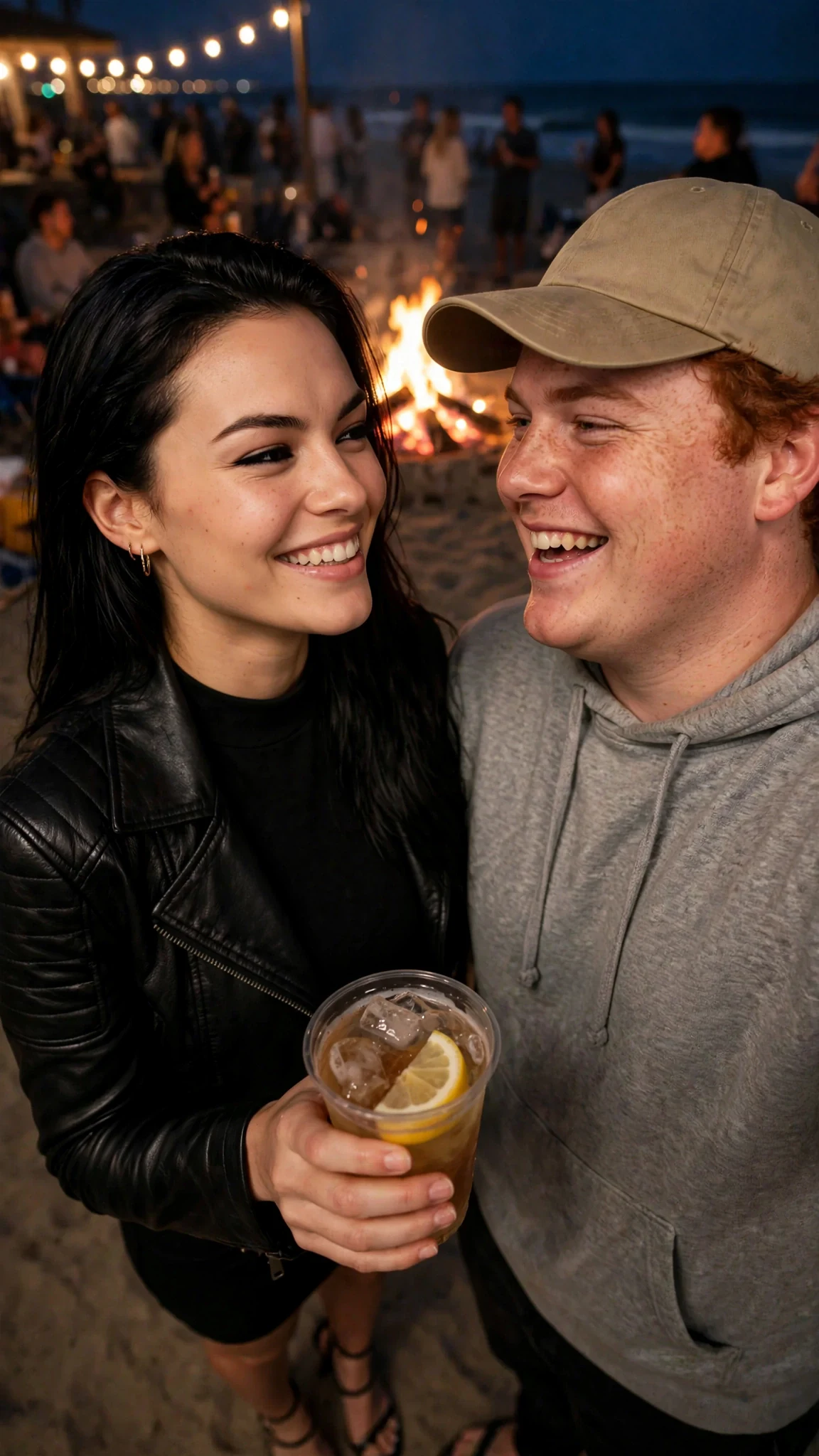 A tall woman with glossy black hair and a cropped jacket smirks at the fire.