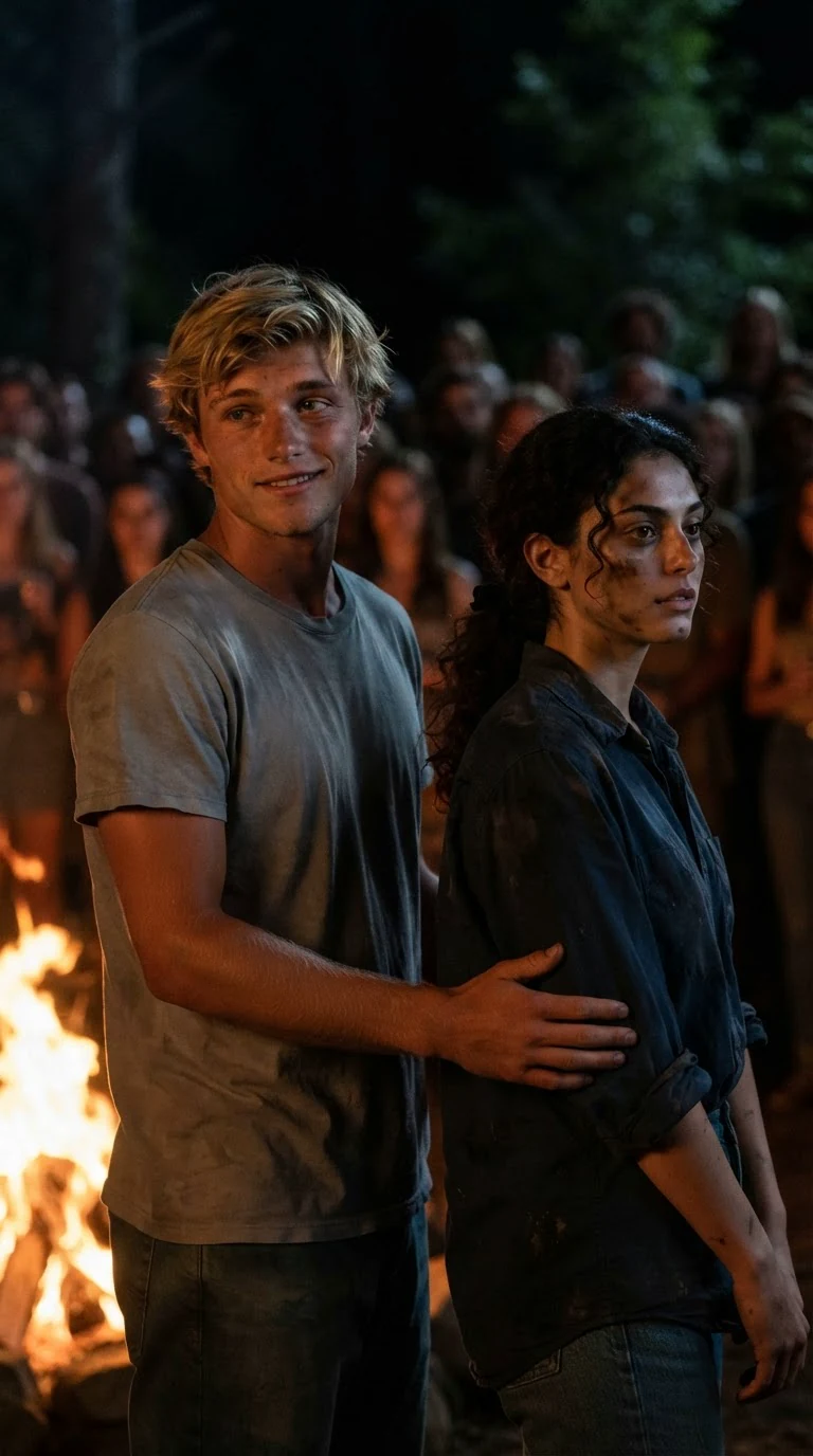 The blond man shrugs at his friends, then steers the dark-haired woman away by the back.