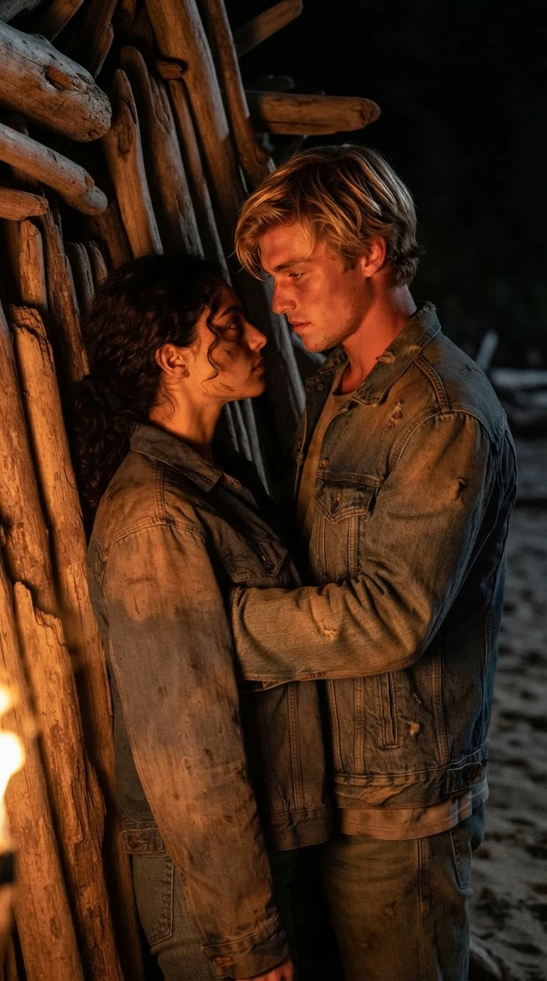 Behind stacked driftwood, the blond man backs the dark-haired woman against the logs.