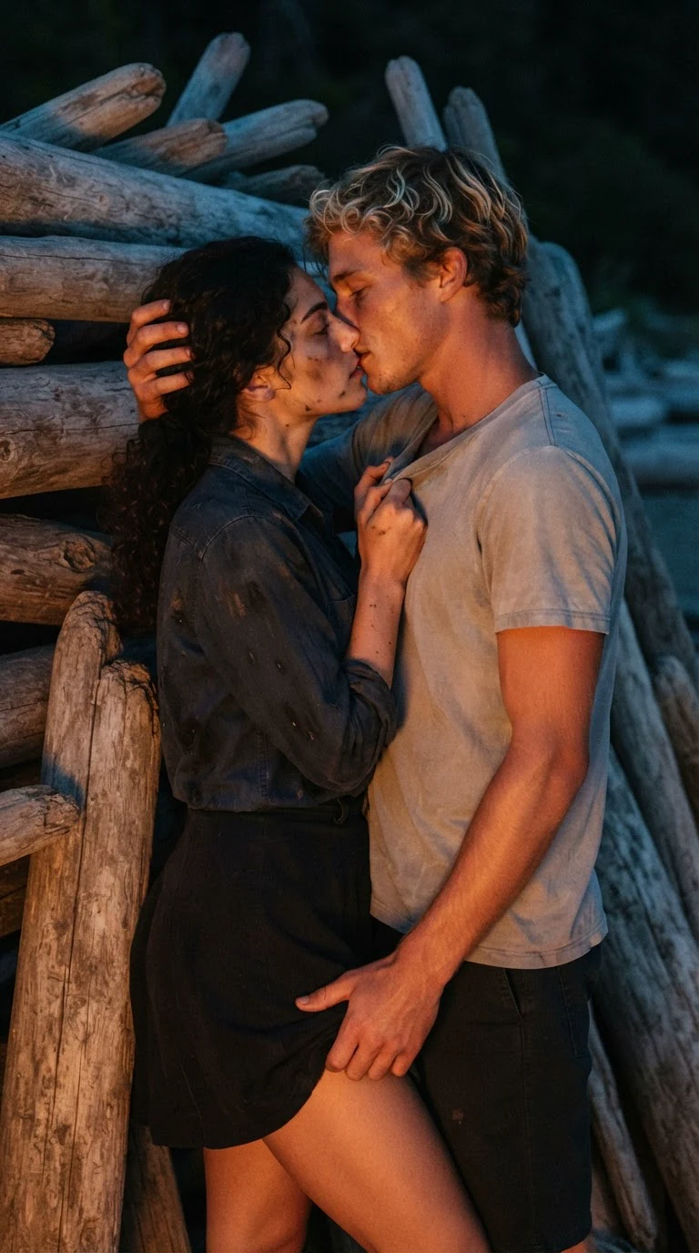 The blond man kisses her hard, one hand in her hair, the other at the hem of her skirt.