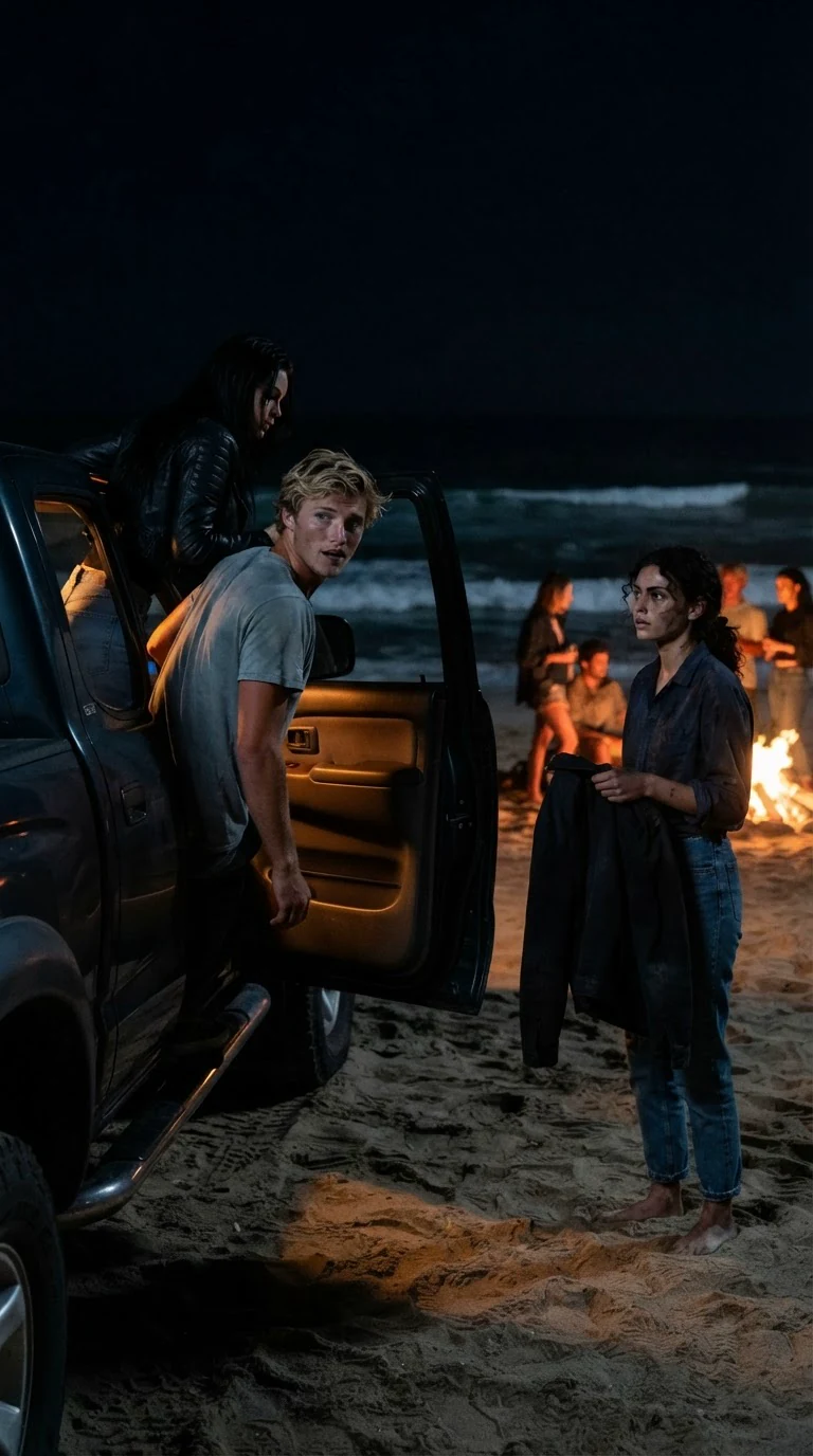 He speaks to her over his shoulder while opening the truck door.