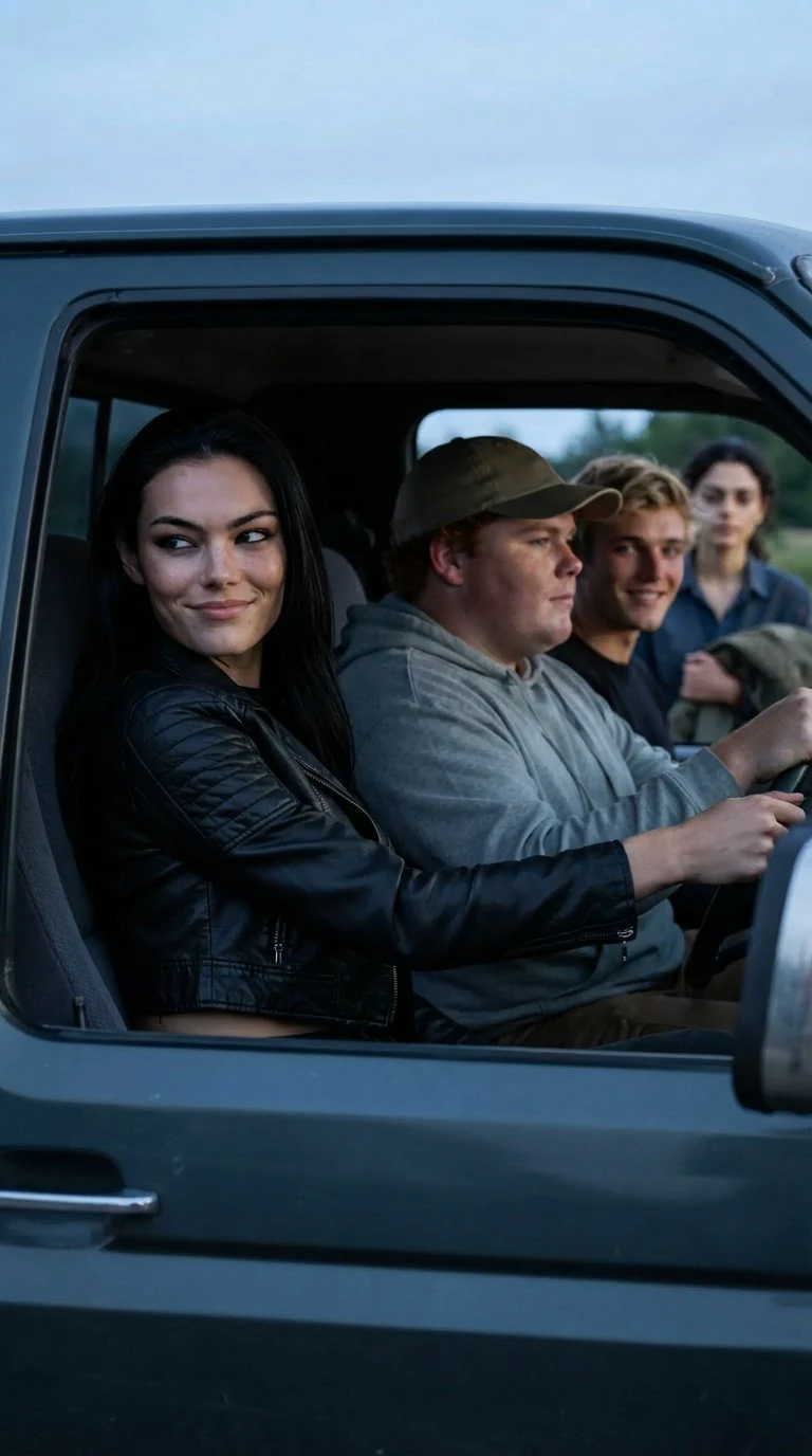 The woman in the cropped jacket looks back from the truck window with a small smile.