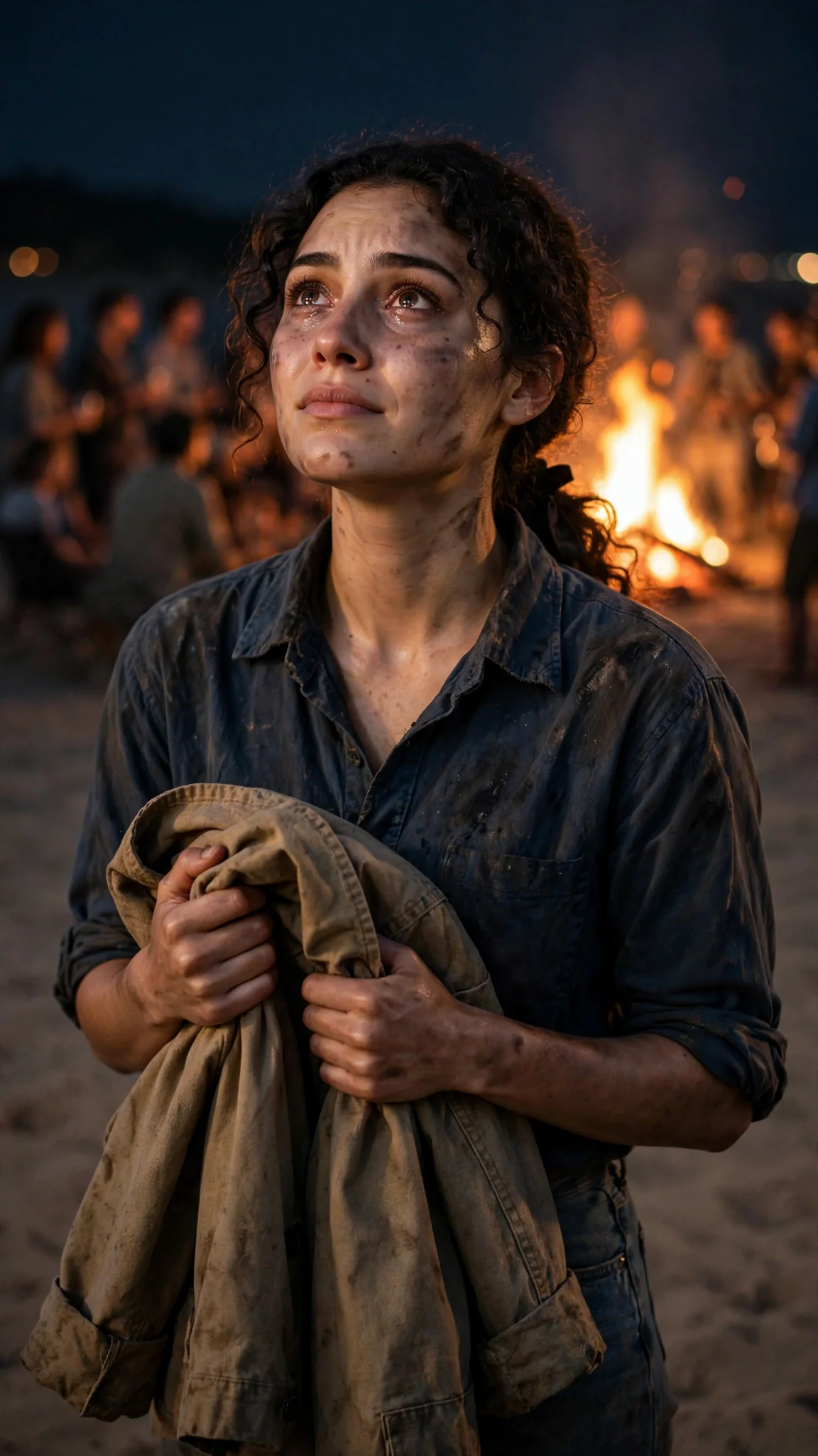 The dark-haired woman stands alone in the sand, holding the jacket, fire behind her.