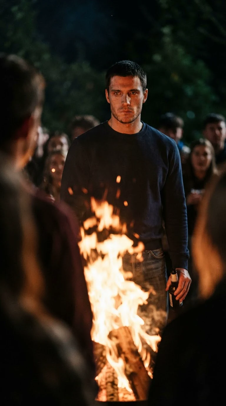 Across the fire, the tall man in the navy sweatshirt stares at her without moving.