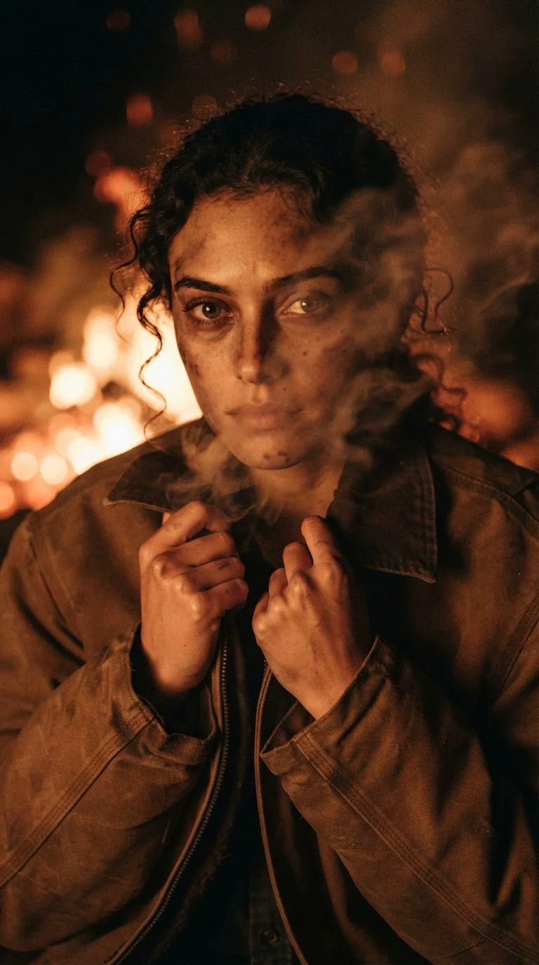 Close on her hands gripping the jacket, smoke and firelight on her face.