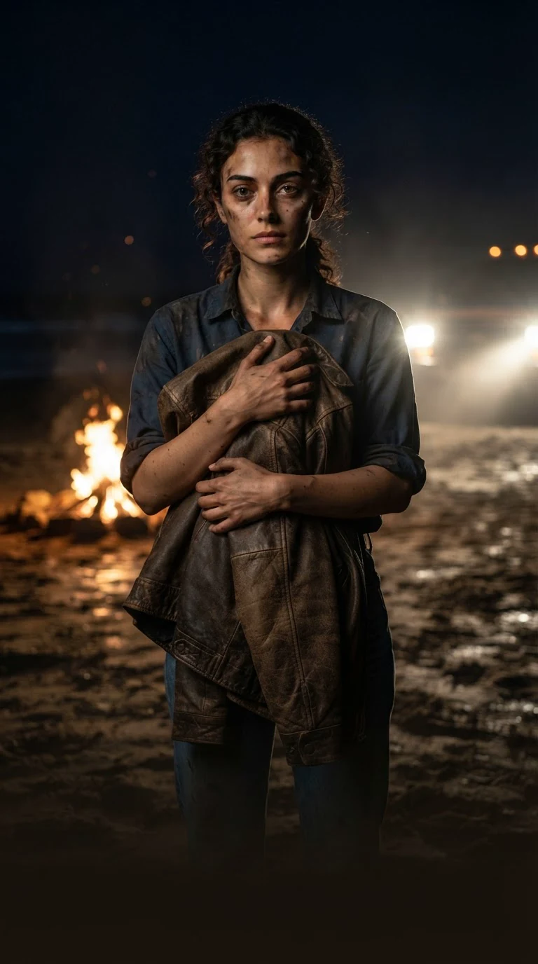 A young woman stands on a dark beach holding a man's jacket while truck headlights swing across the sand behind her.