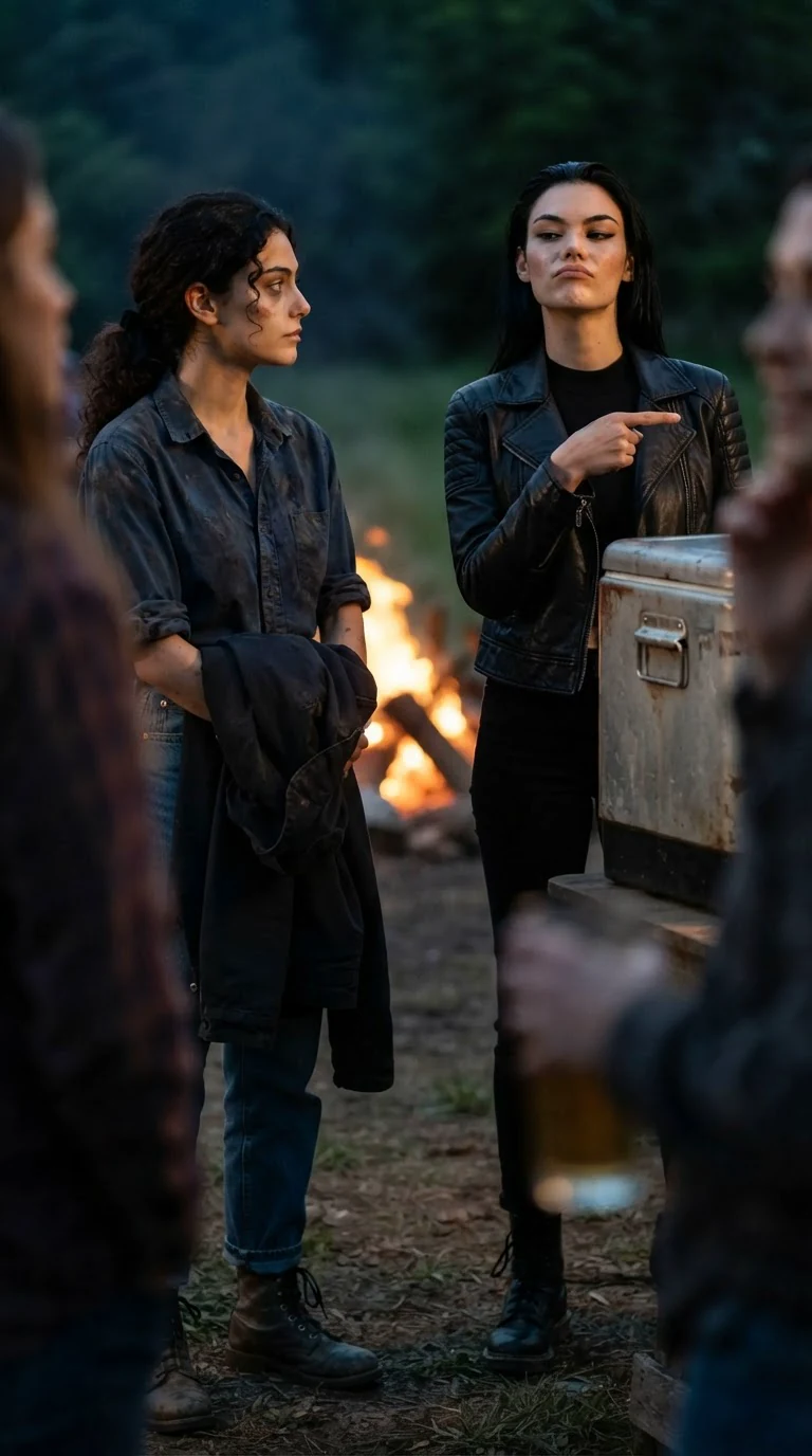 The woman in the cropped jacket points toward a cooler while the heroine stands holding a jacket.