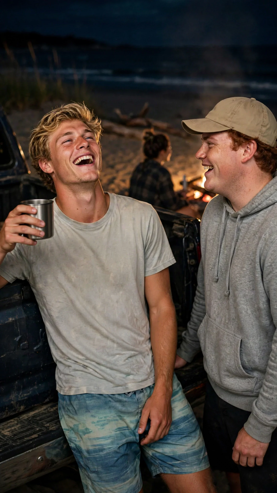 A blond man laughs beside a truck with his friend, not looking toward the woman on the beach.