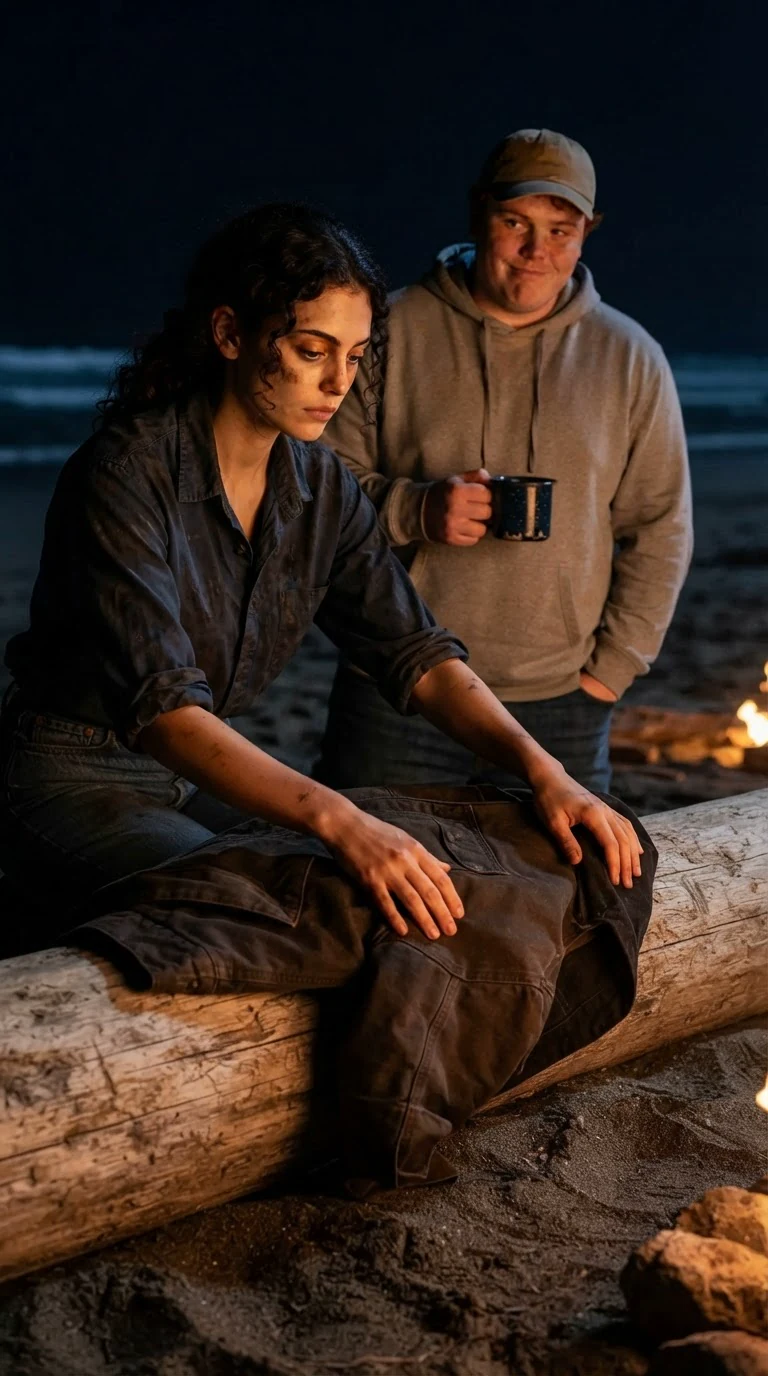 The heroine sets a jacket down on a driftwood log while two men watch from the truck.