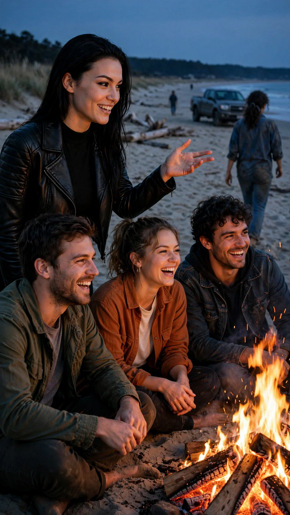 The woman in heels announces to the group by the fire, hand raised like she is showing them a trick.