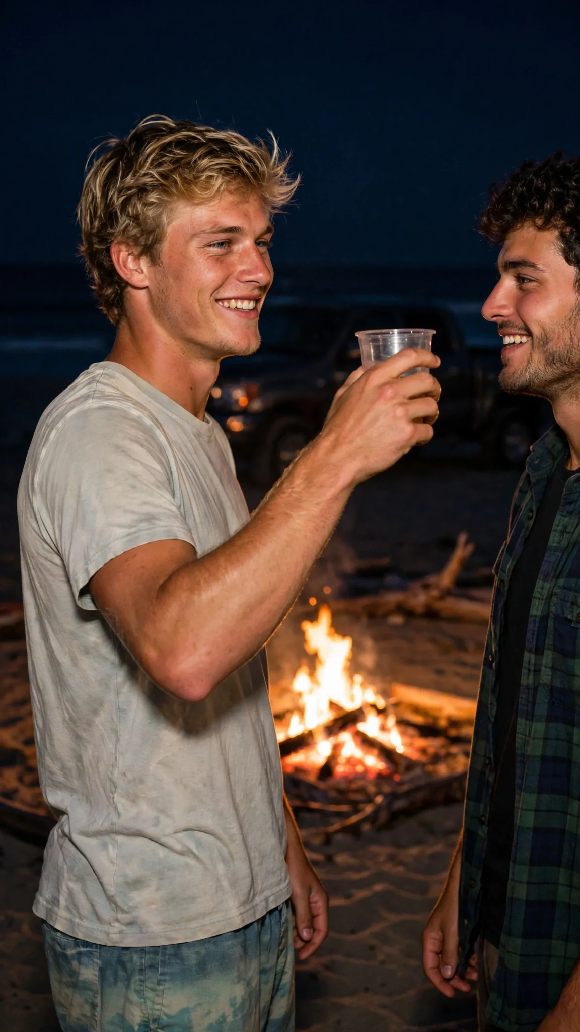 The blond man raises his cup toward the dark beach and turns back to his friend.