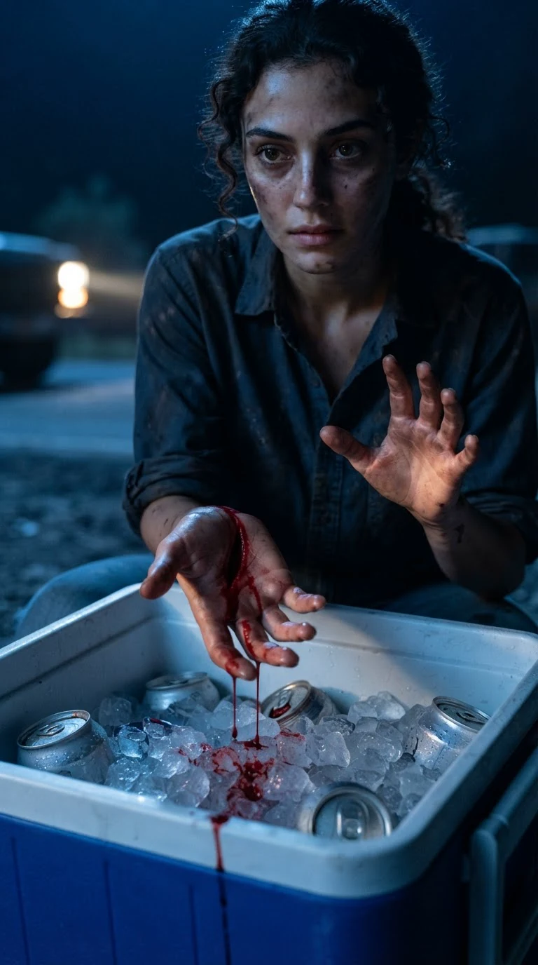 Blood runs down the heroine's wrist and drips red into the ice.