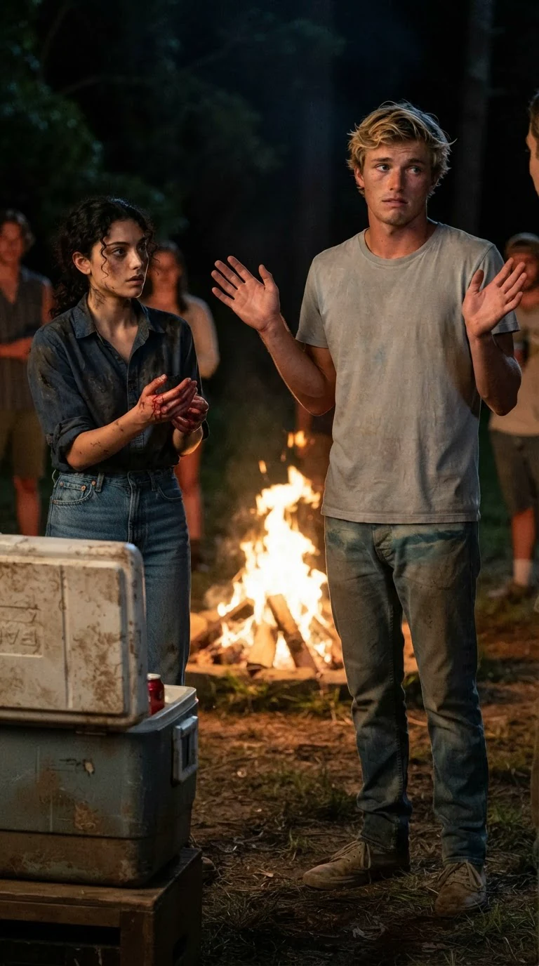 The blond man stands with his hands up, grimacing, not moving toward the bleeding woman.