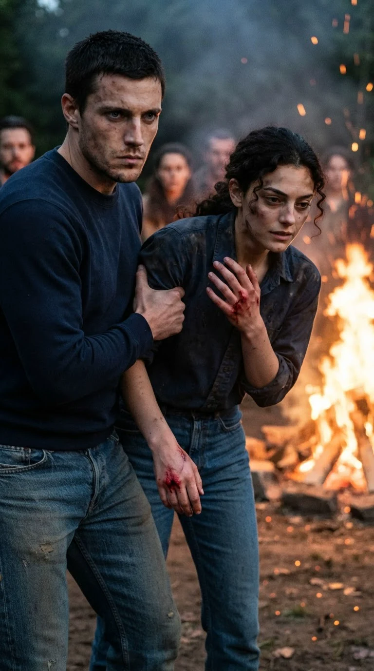 A tall dark-haired man in a navy sweatshirt grips the heroine's arm hard and pulls her away from the fire.