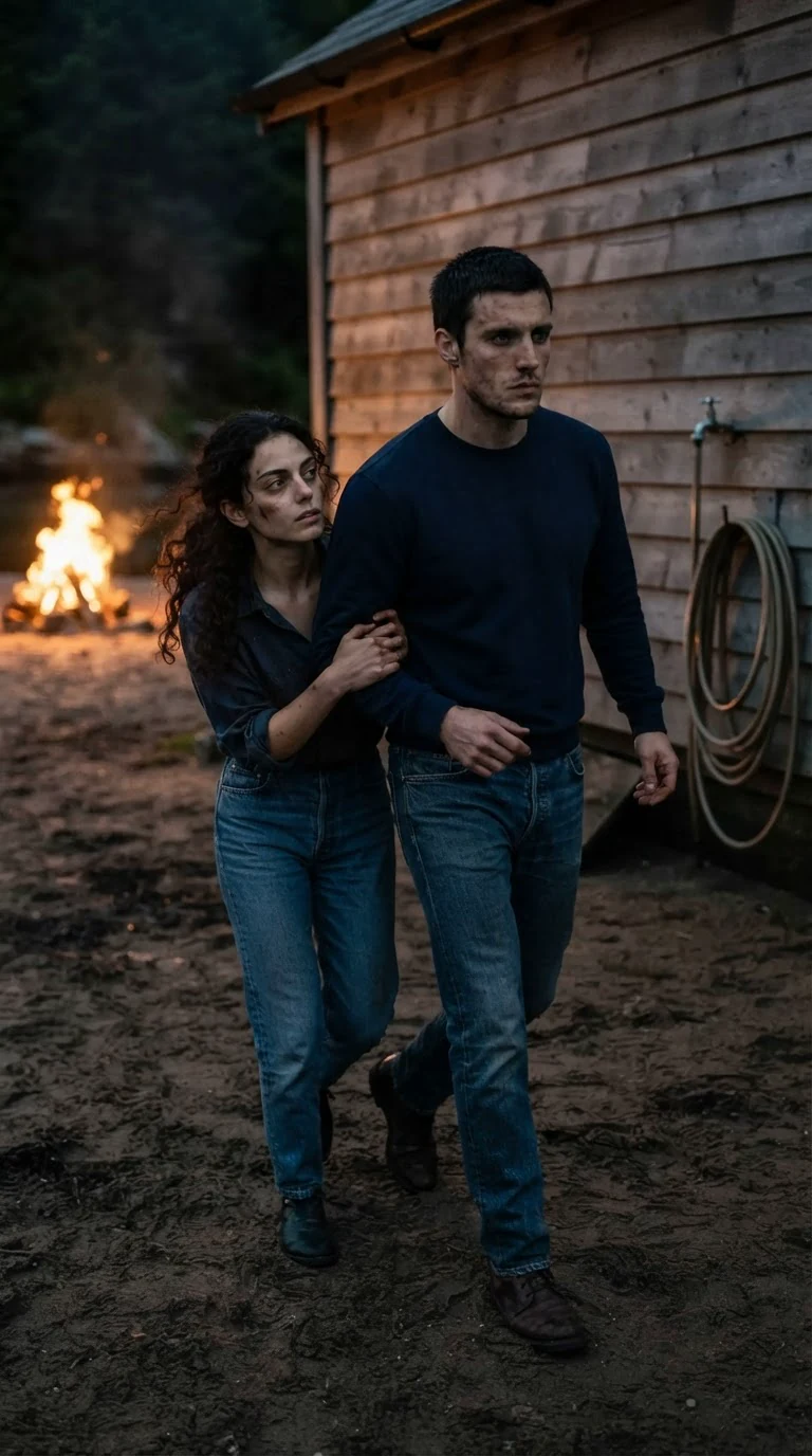 The tall man pulls the heroine toward a tap on the boathouse wall, away from the fire.