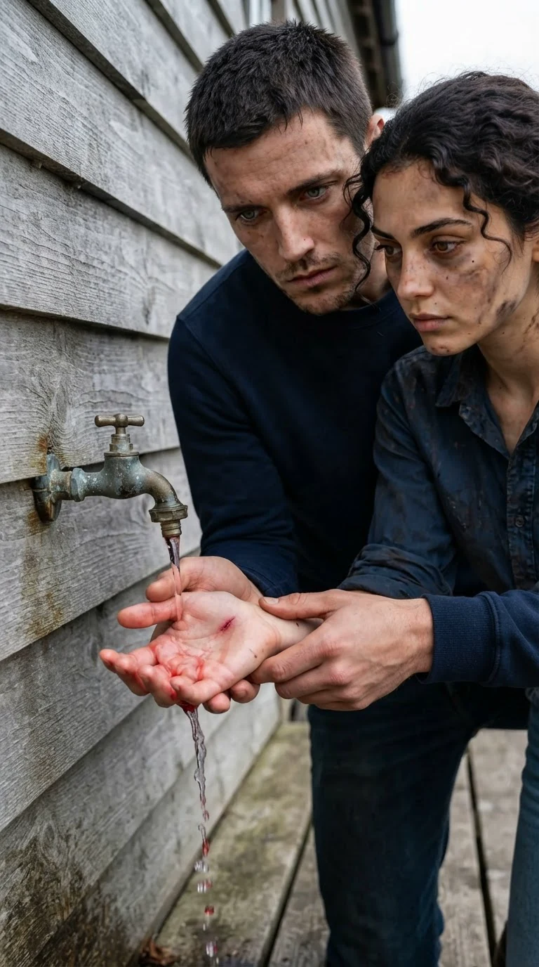 The tall man holds the heroine's hand under a running tap, pink water swirling down the drain.