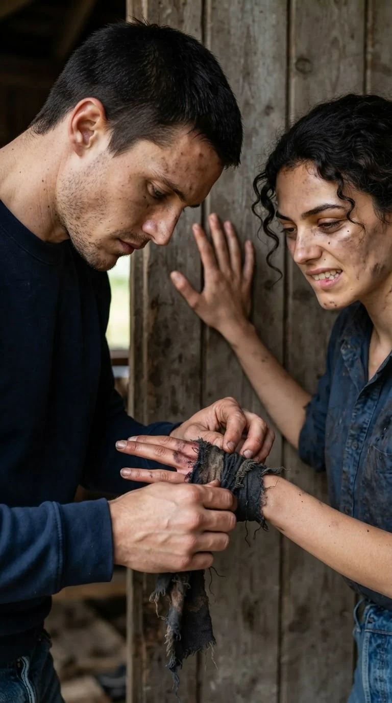The tall man wraps a rag tight around the heroine's palm while she winces.