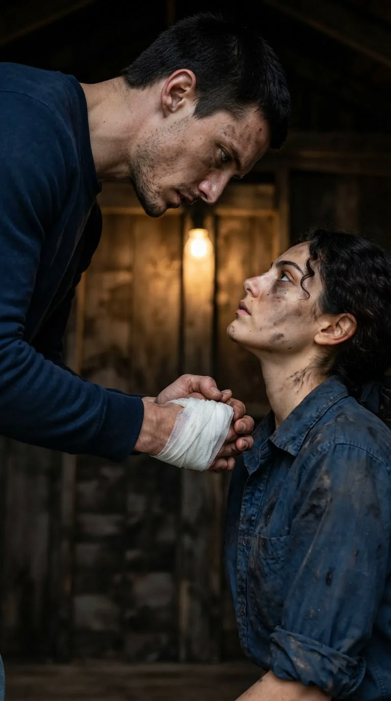 The tall man looks down at the heroine, jaw tight, still holding her wrapped hand.