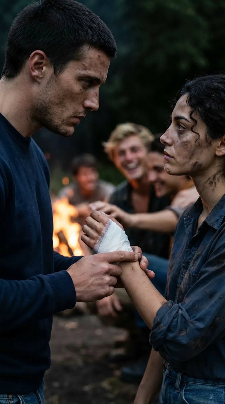 The tall man still holds the heroine's wrist, thumb on her pulse, while the blond man laughs far off by the fire.