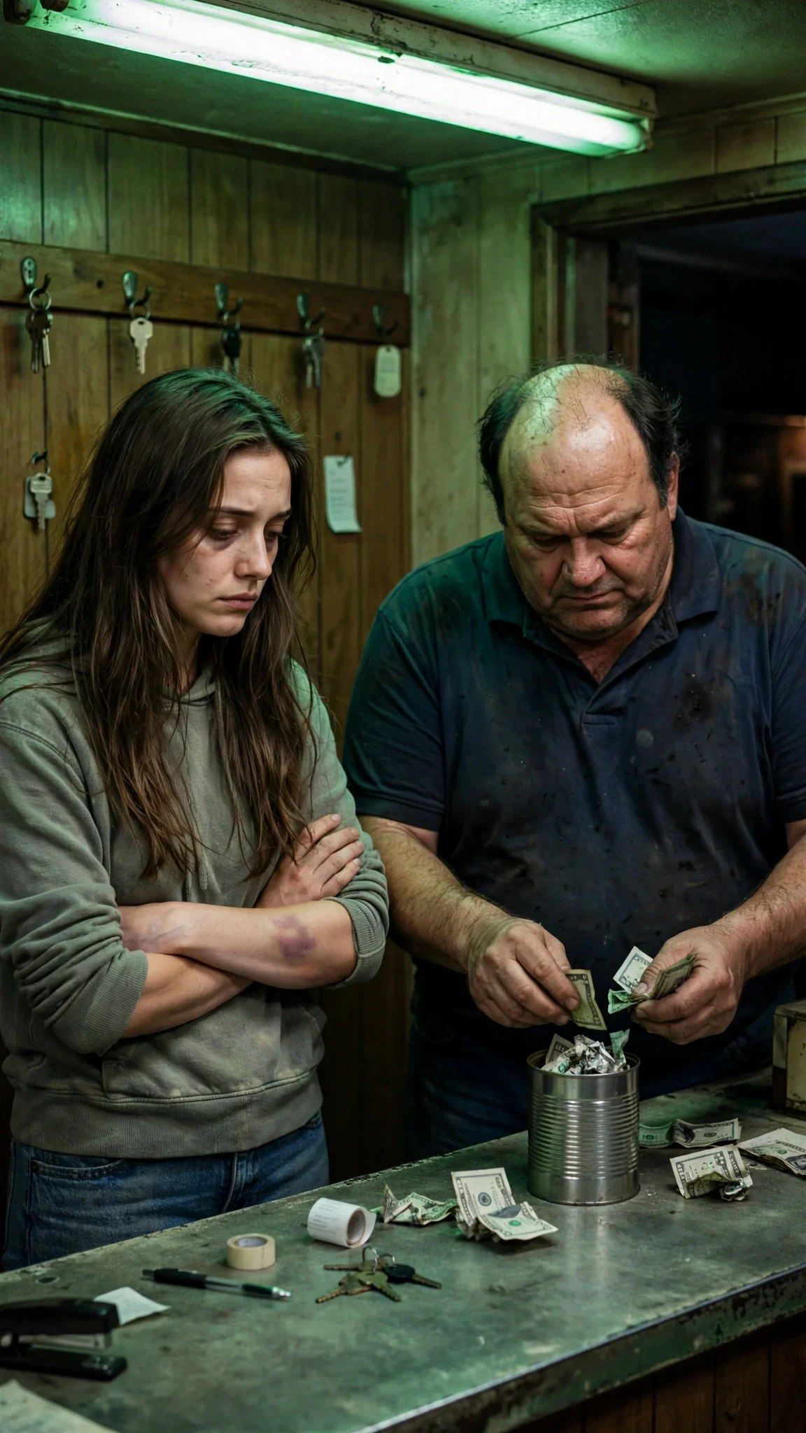 A heavy man in a stained polo shirt counts crumpled bills at a motel desk while a thin young woman in a hoodie stands in front of him.